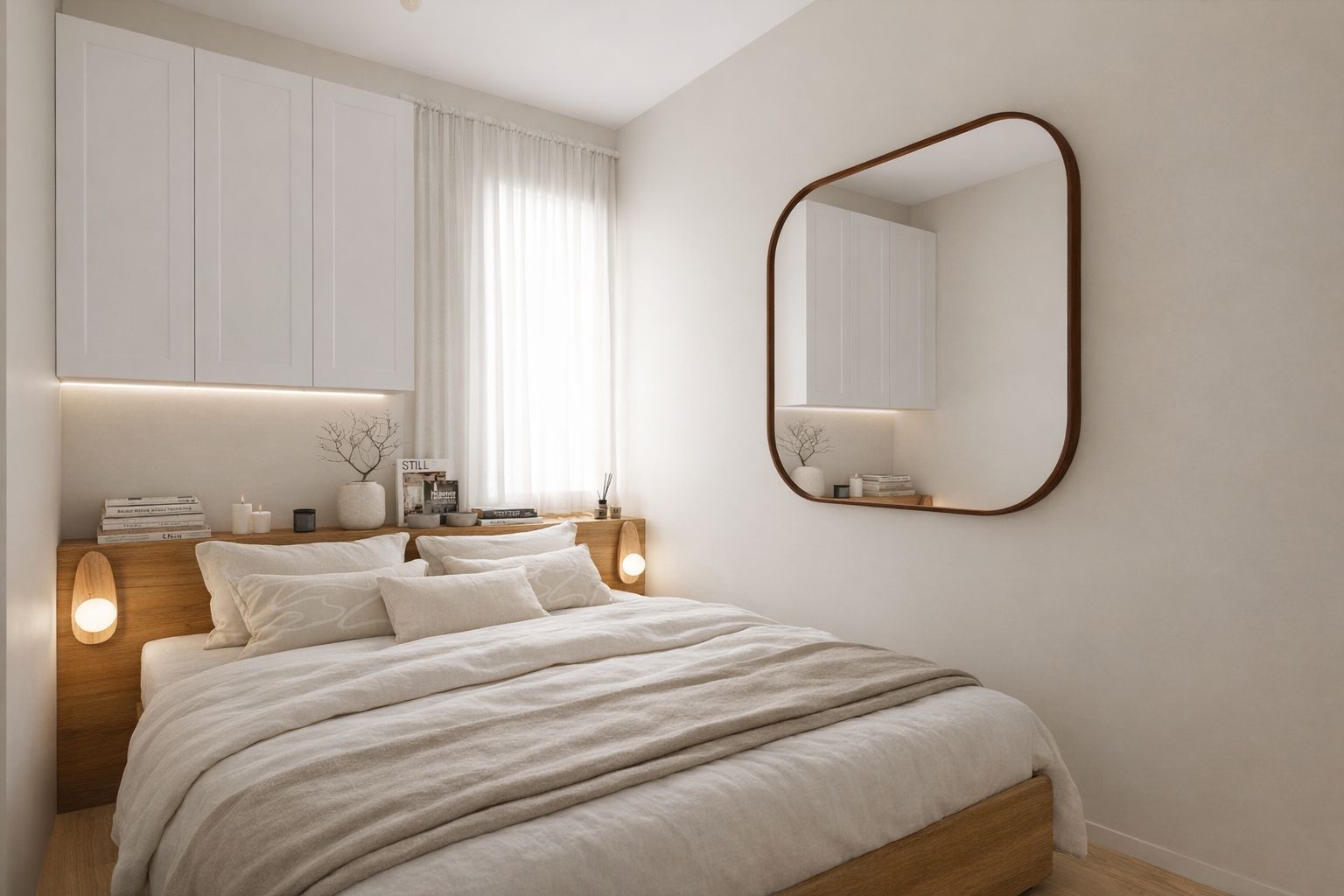 Petite chambre, rangements au-dessus du lit