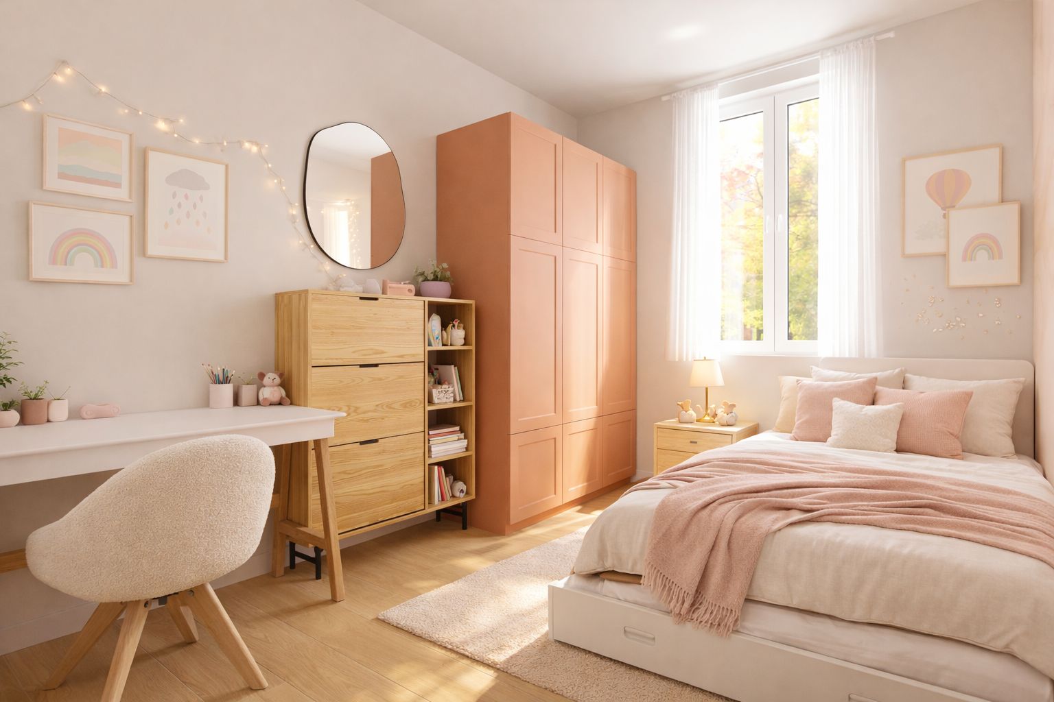Chambre d'enfant rose poudré et armoire terracotta