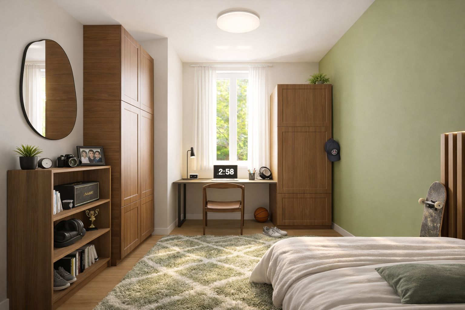 Chambre d'ado au mur vert, bureau sous la fenêtre