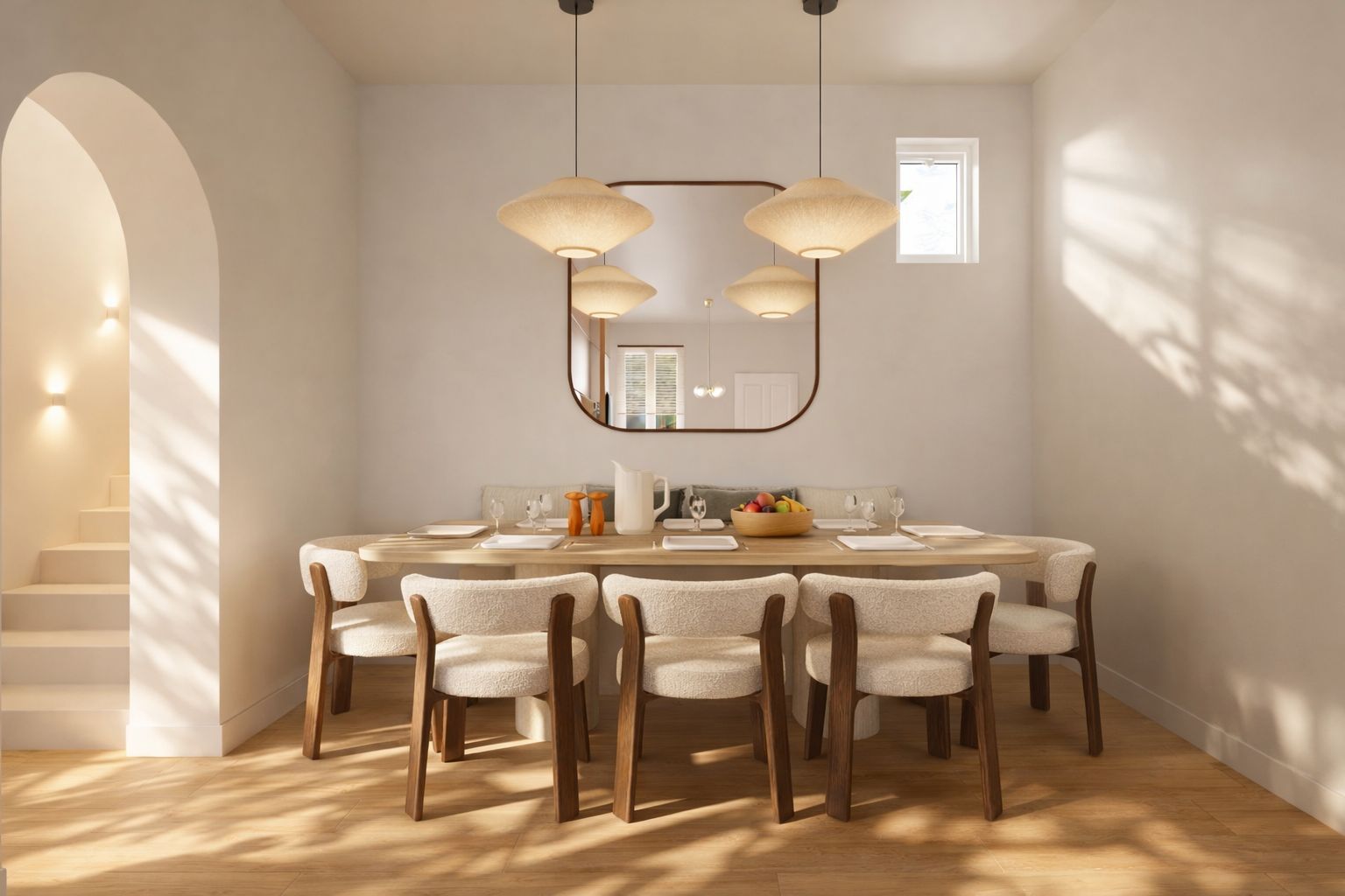 Salle à manger sous les suspensions, arche vers l'escalier