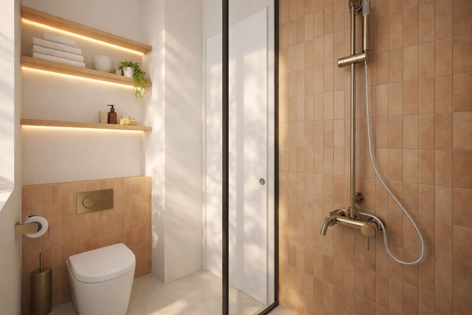 Douche en faïence terracotta et WC