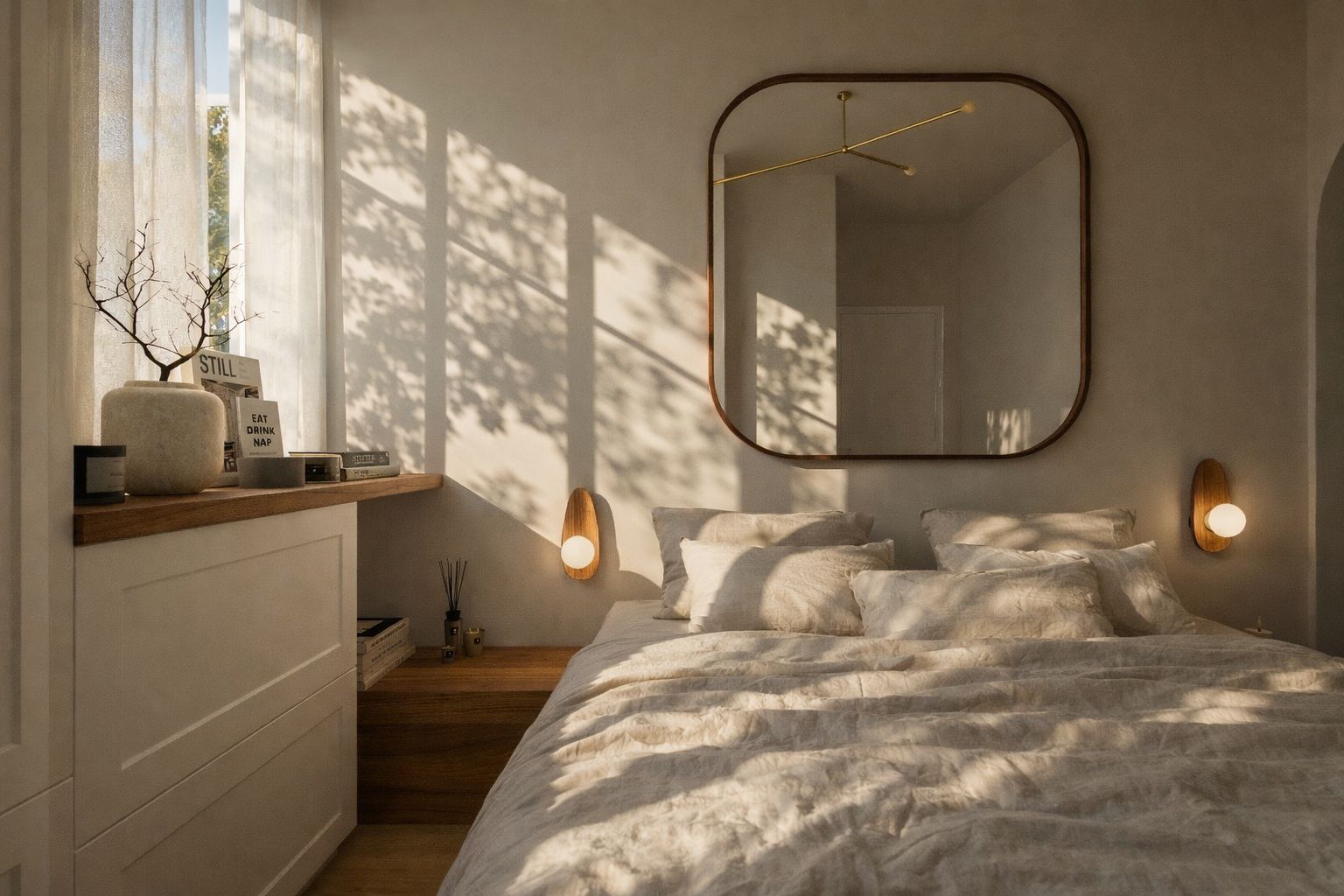 Lumière rasante sur le lit en lin