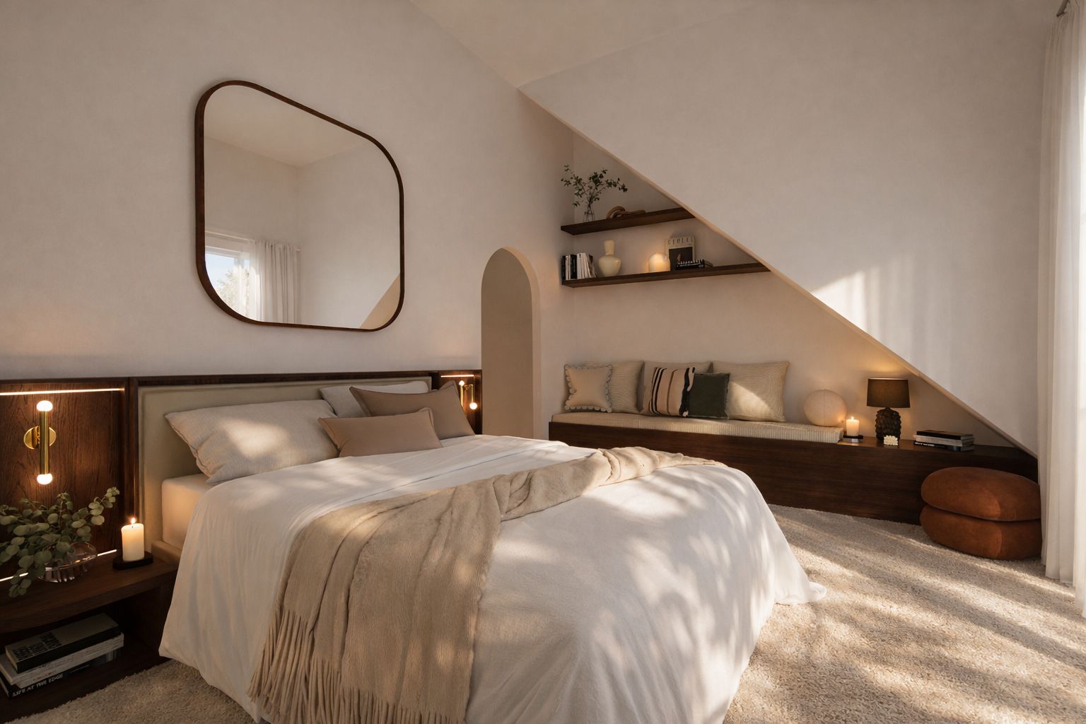 Chambre sous rampant, banquette et étagères