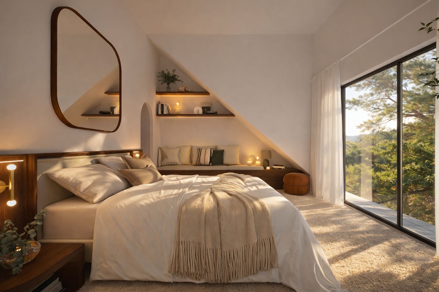 Chambre vers la baie et les pins