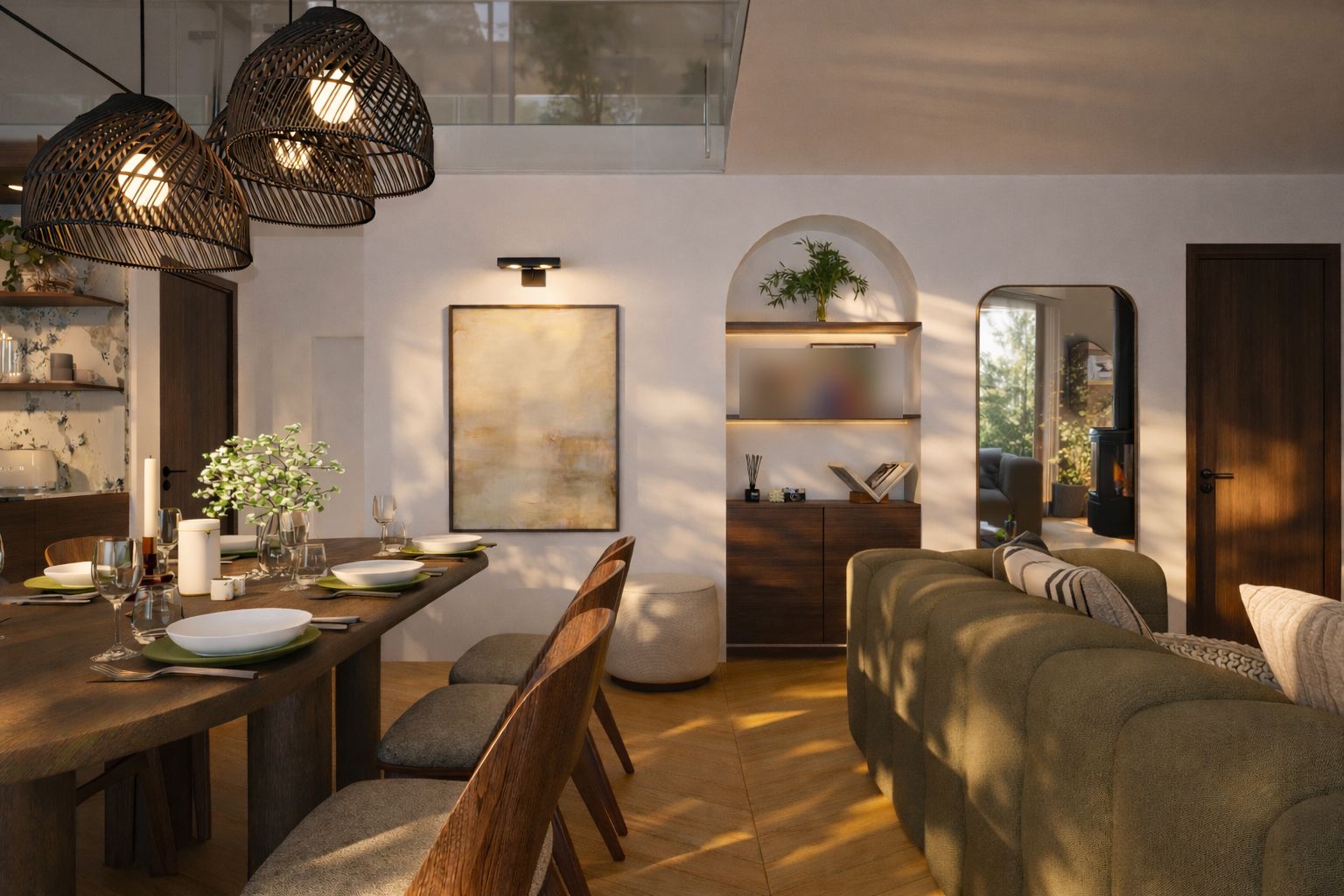 Table en bois, suspensions en rotin et niche éclairée