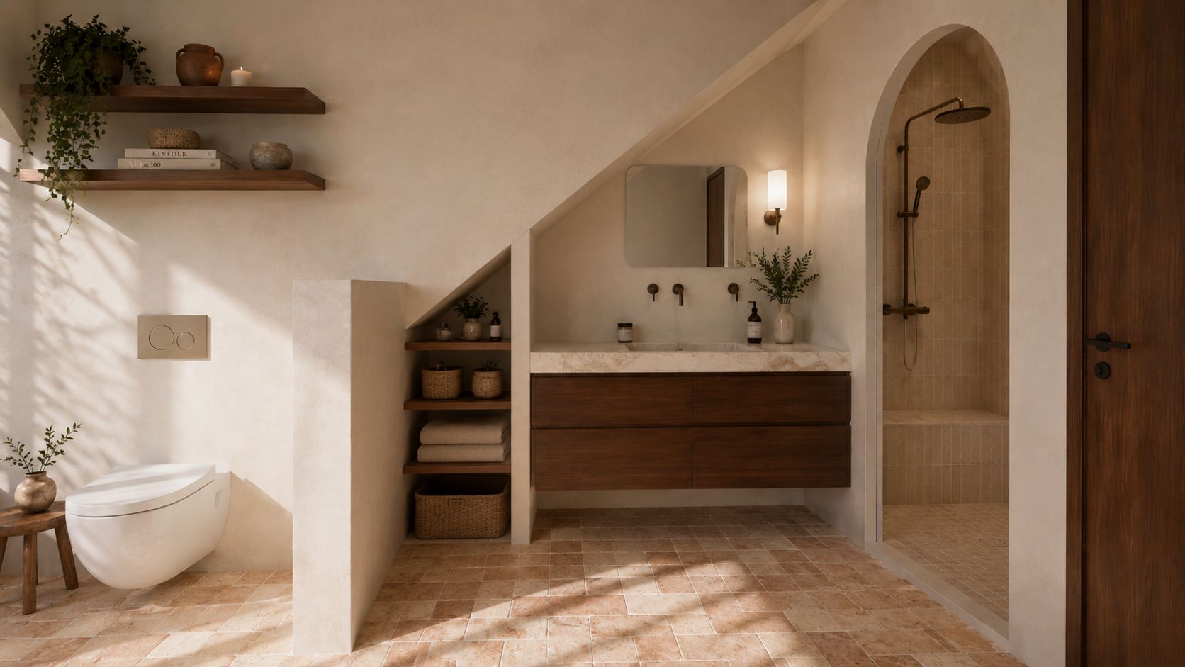 Salle d'eau sous rampant, douche en arche et meuble noyer