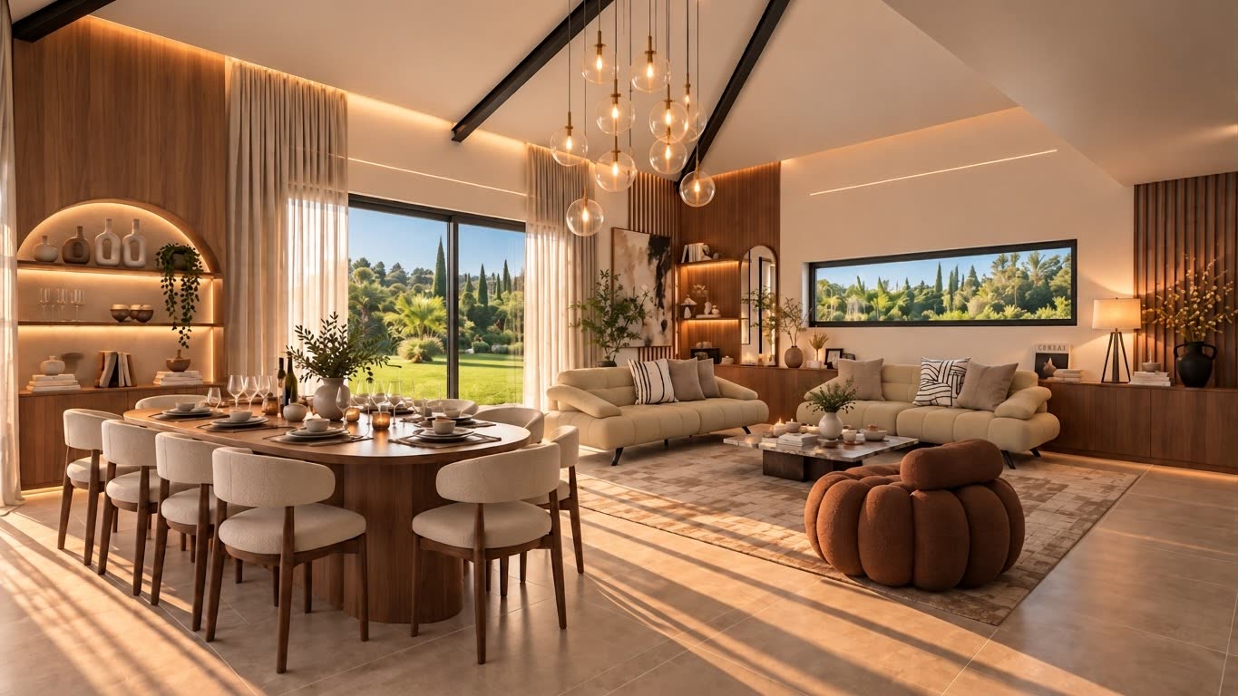 Séjour réaménagé en 3D : salle à manger pour dix, niche en arche, habillage noyer, canapés crème et fauteuil bouclé marron