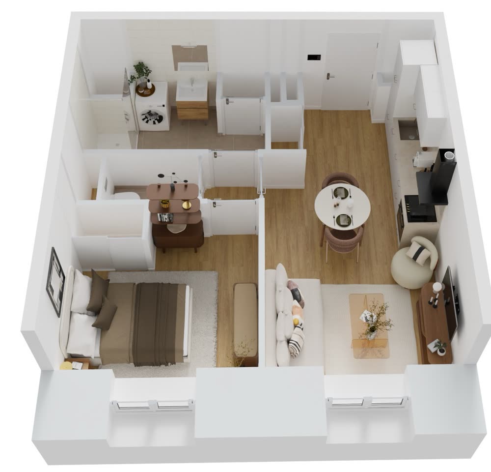 Plan 3D en vue aérienne du T2 meublé : séjour avec cuisine linéaire, chambre, salle d'eau et WC