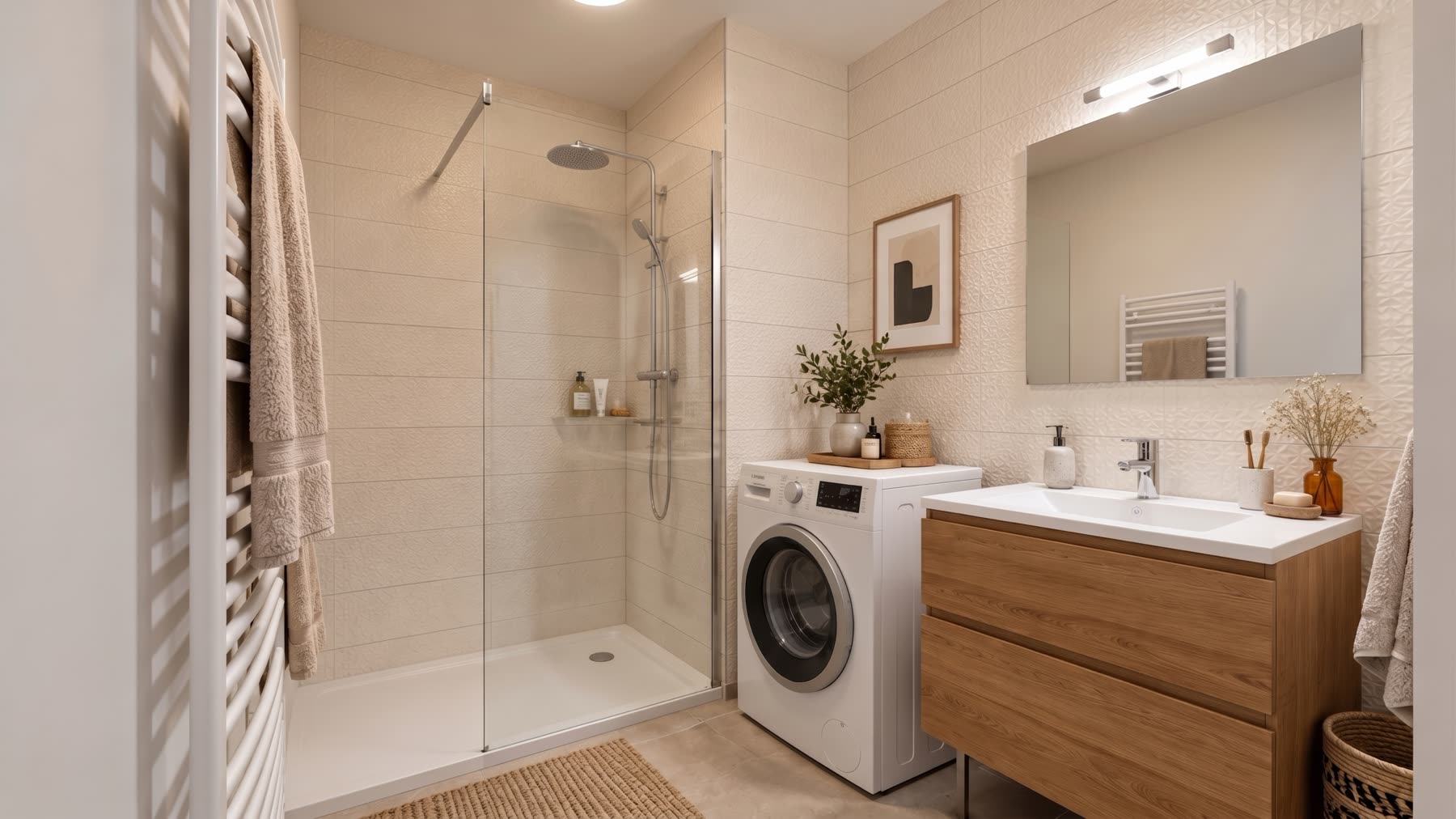 Salle d'eau du T2 avec douche à l'italienne, faïence en relief et meuble vasque bois