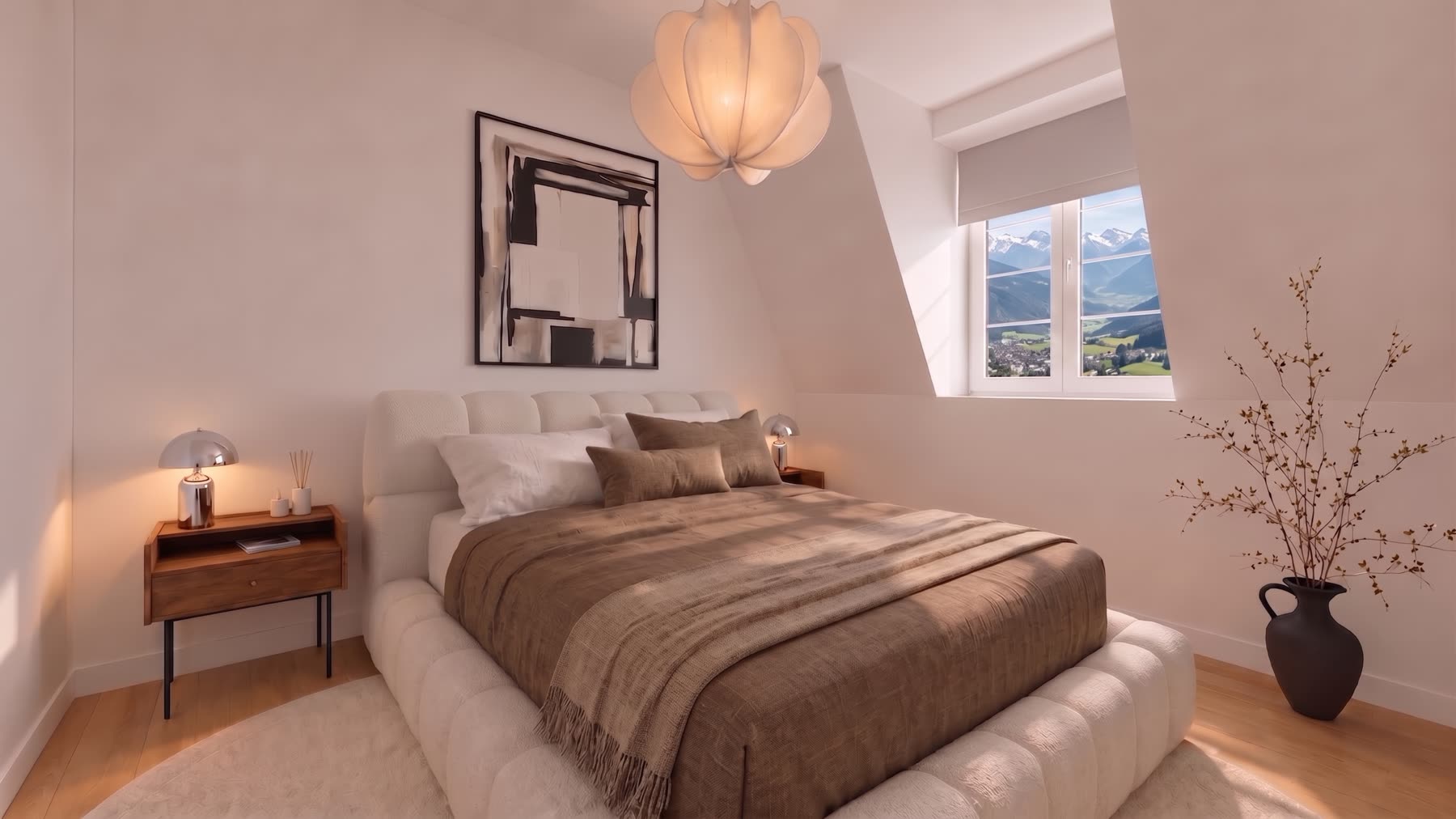 Chambre parentale sous combles avec lit capitonné et vue sur les montagnes