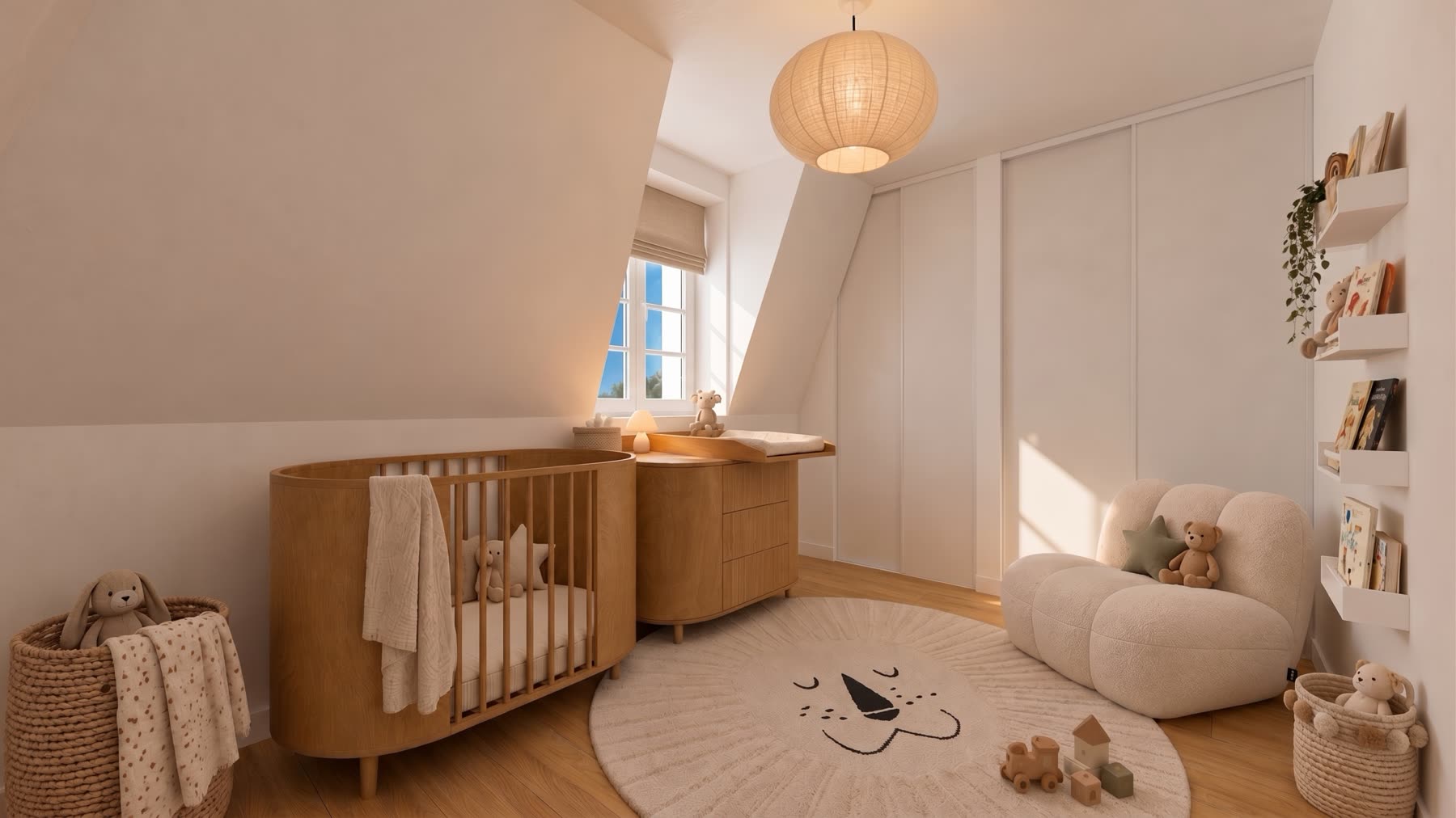 Chambre d'enfant sous combles : lit bébé en bois, fauteuil bouclette, tapis lion