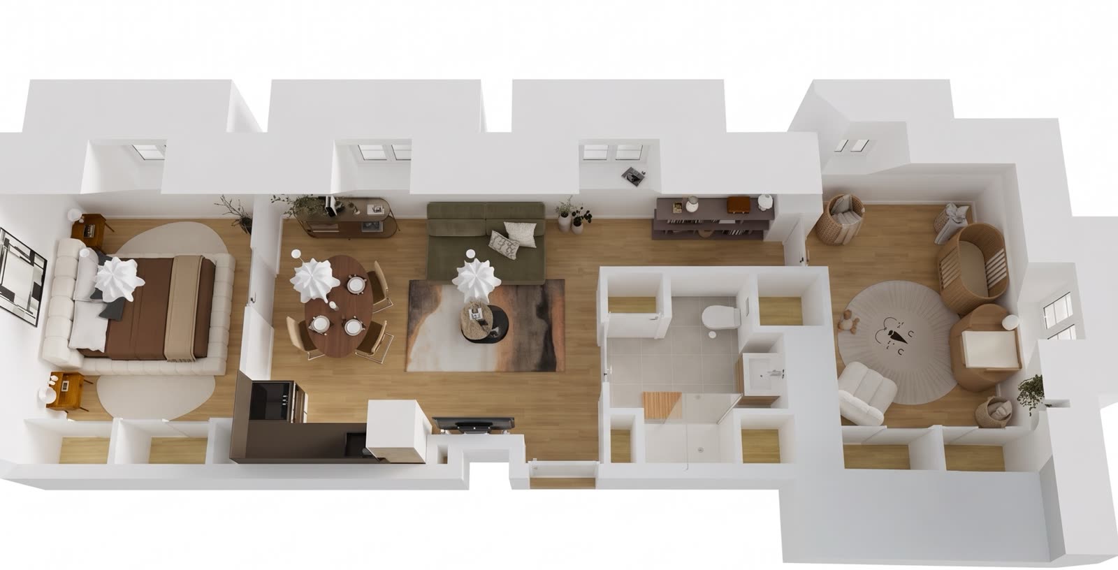 Plan 3D en vue aérienne du T3 sous combles : chambre, séjour avec cuisine, salle d'eau et chambre d'enfant