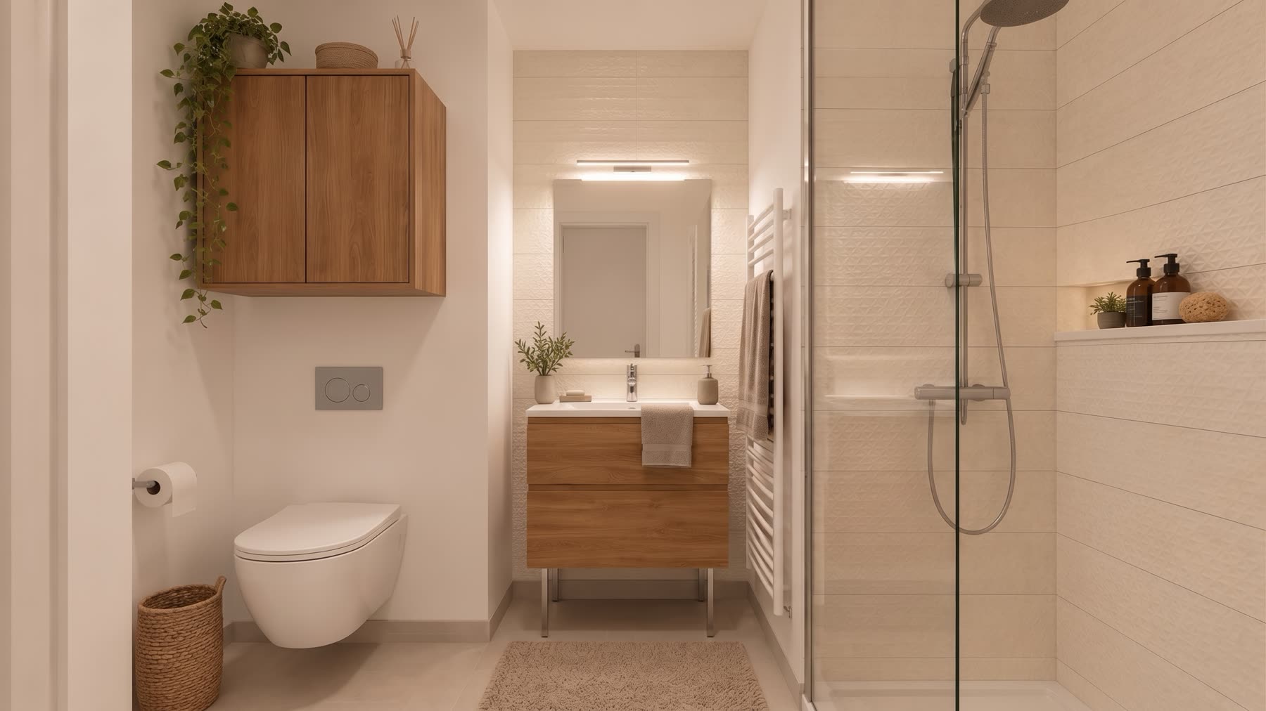 Salle d'eau du T3 avec WC suspendu, meuble vasque bois et douche