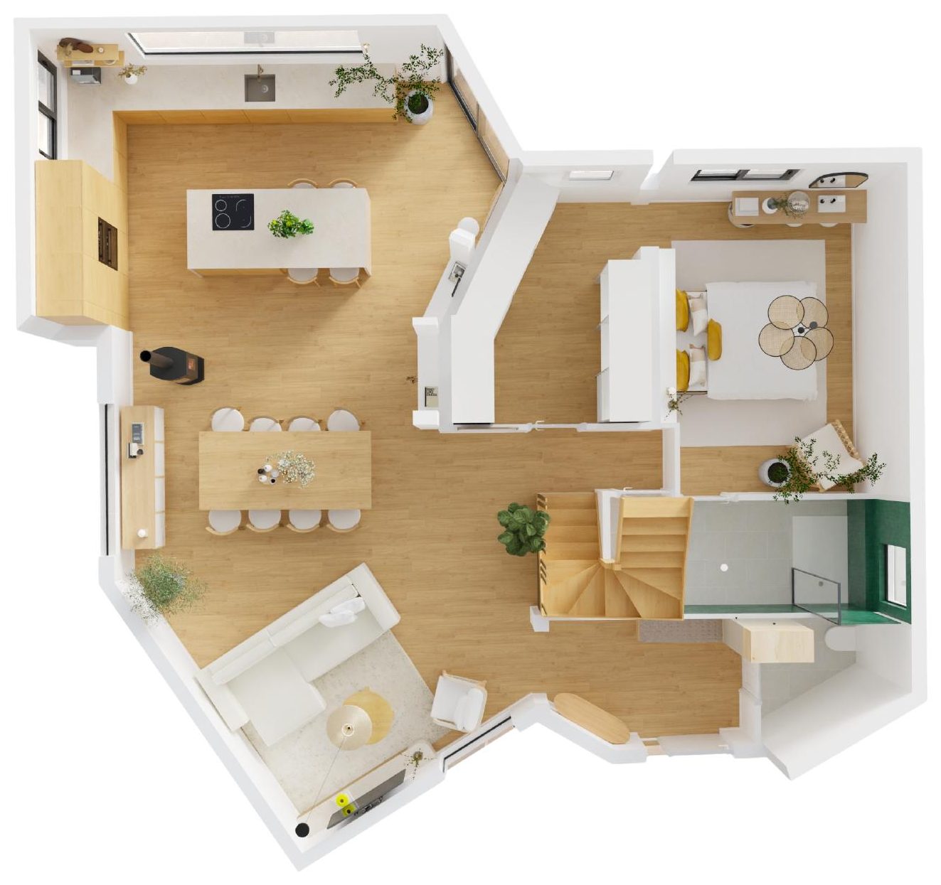 Plan 3D en vue aérienne du rez-de-chaussée aménagé
