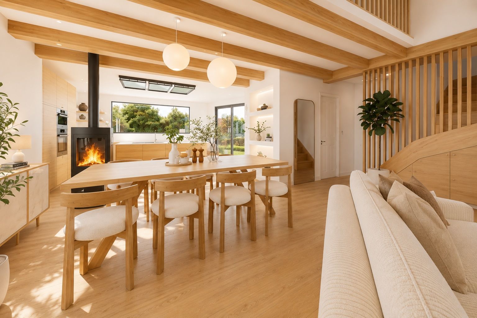 Salle à manger face au poêle à bois, poutres apparentes et cuisine en chêne