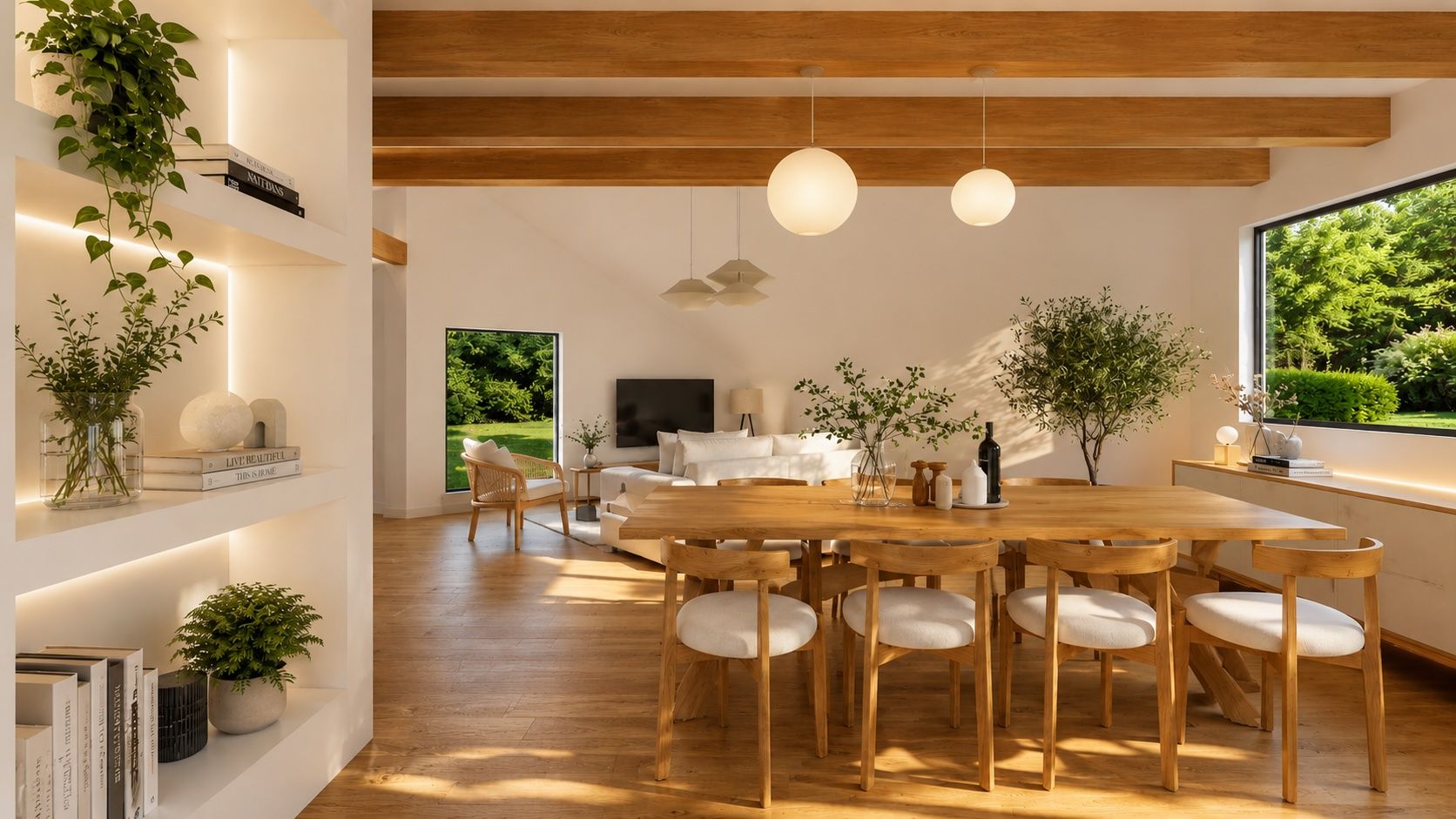 Salle à manger et séjour au soleil couchant