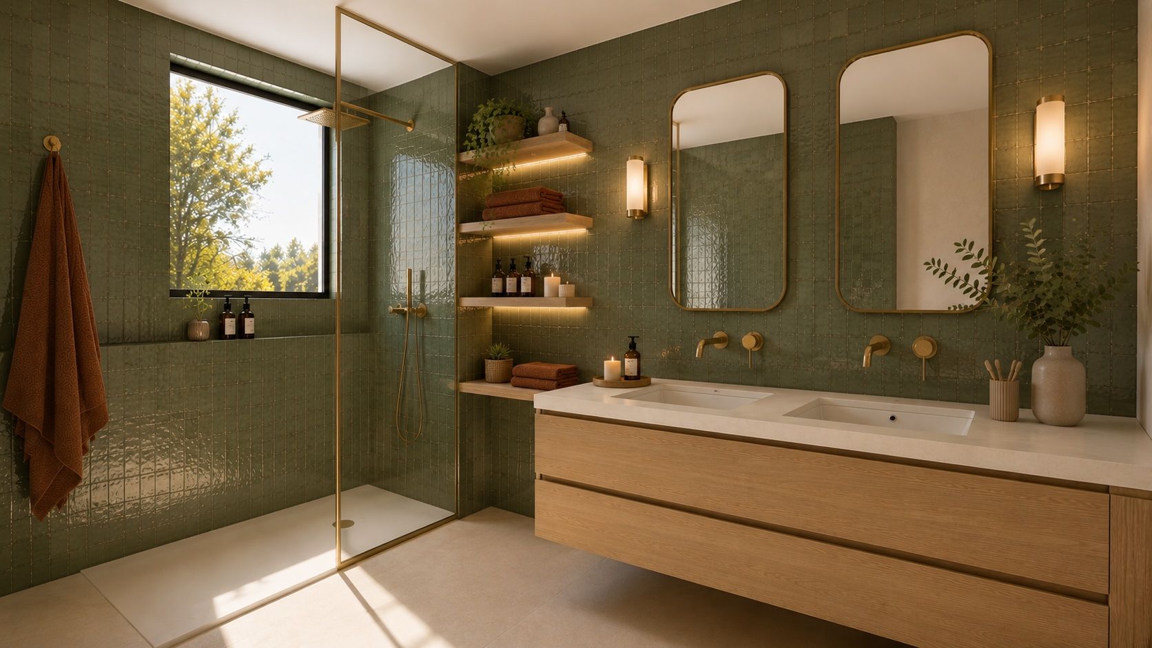 Salle de bain en zellige vert, douche à l'italienne et double vasque
