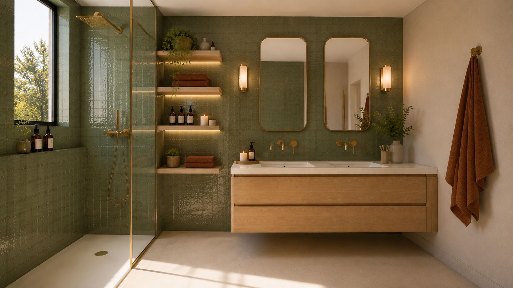 Salle de bain de face, double vasque et étagères éclairées