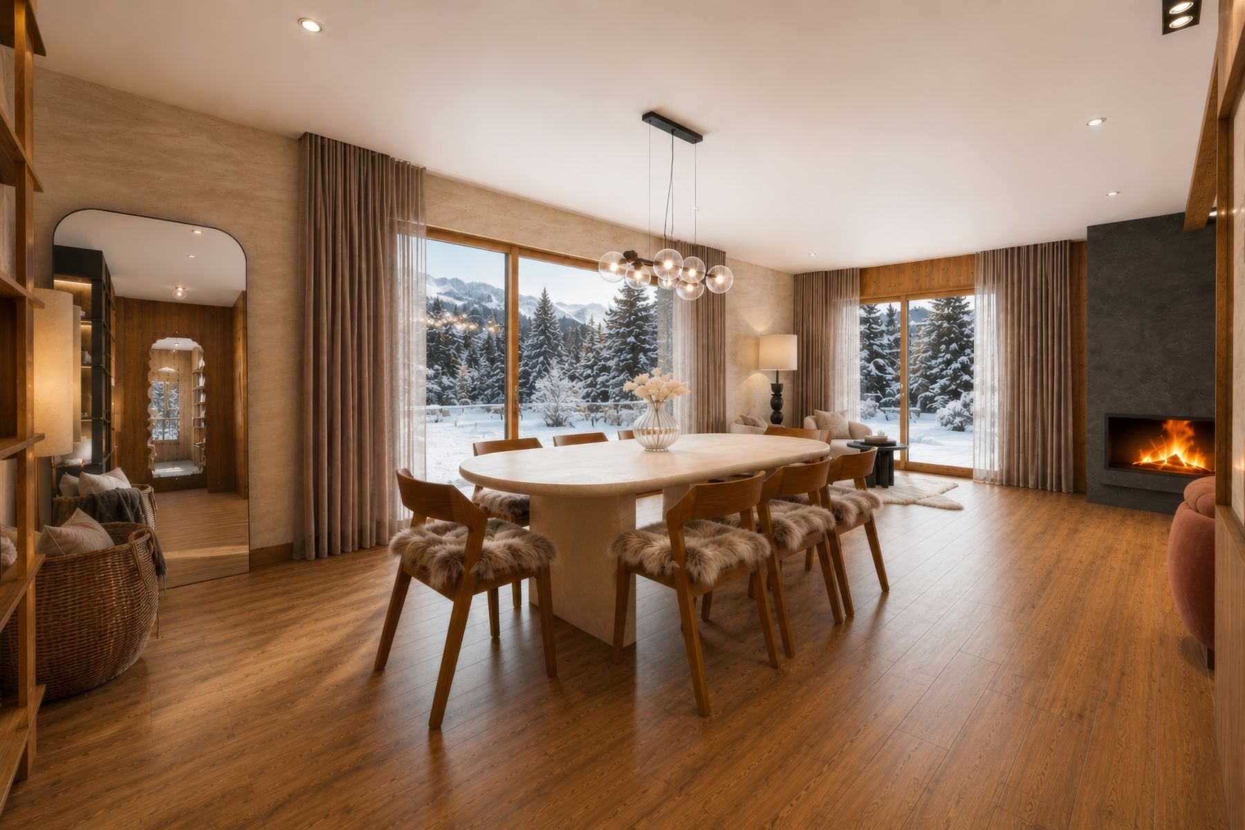 Salle à manger face aux baies et aux sapins enneigés