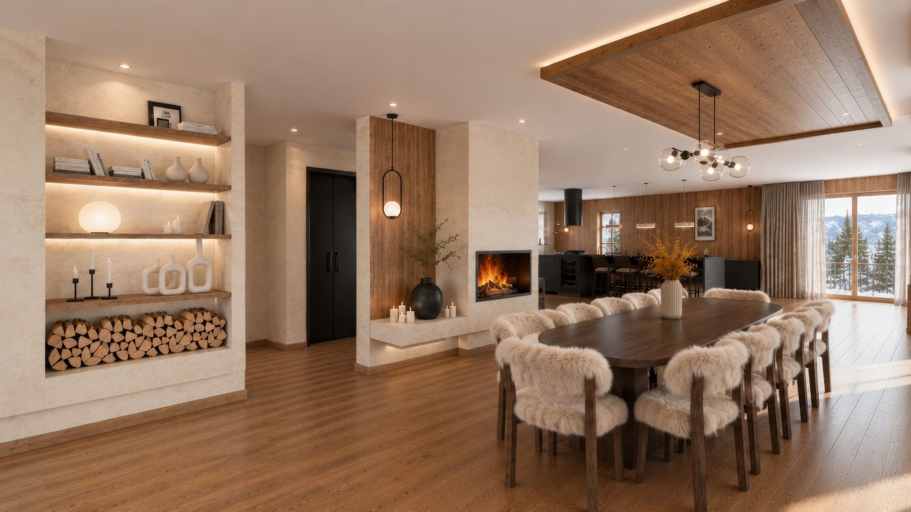 Table pour seize sous le plafond en bois