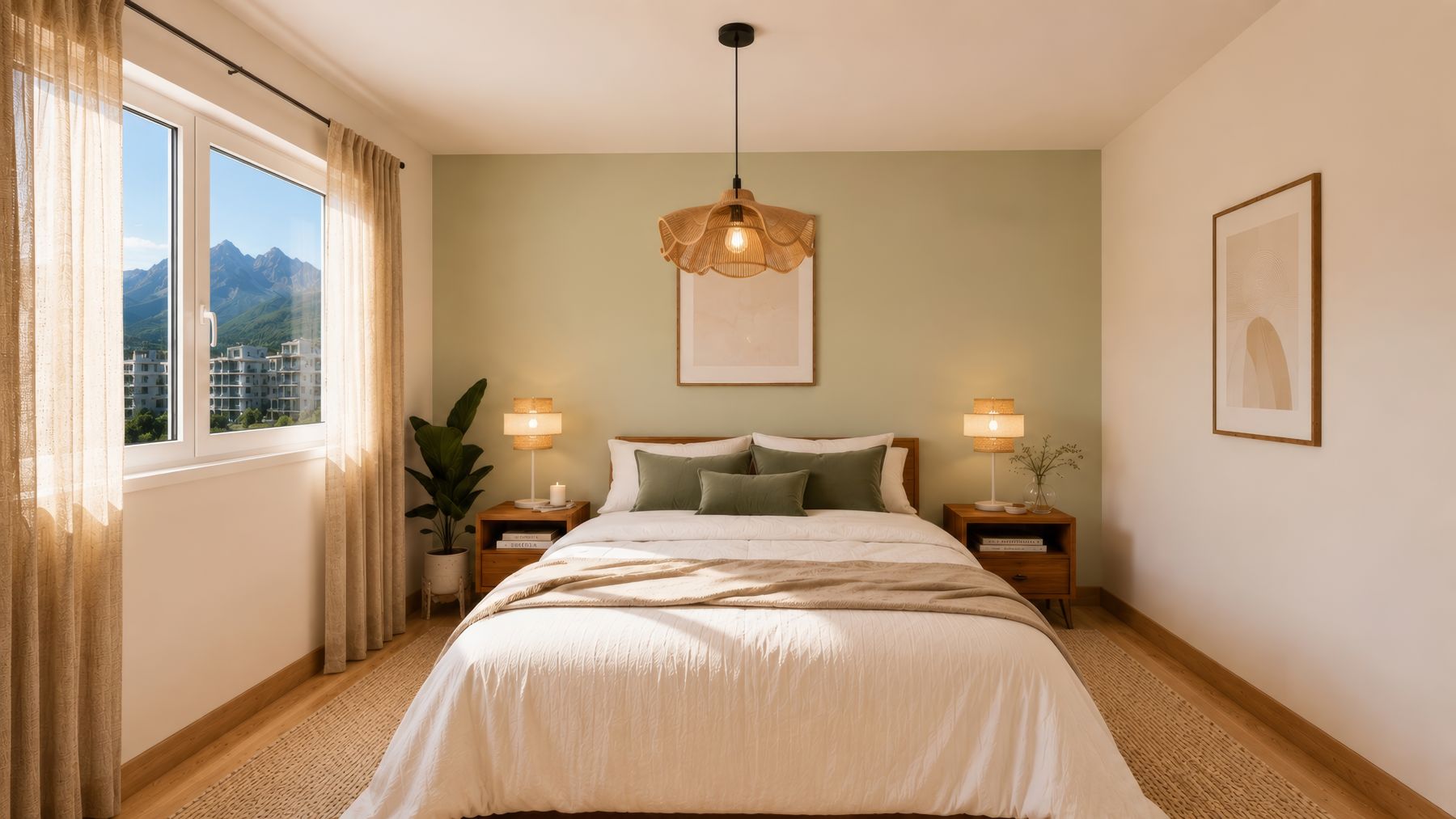 Chambre, tête de lit vert sauge