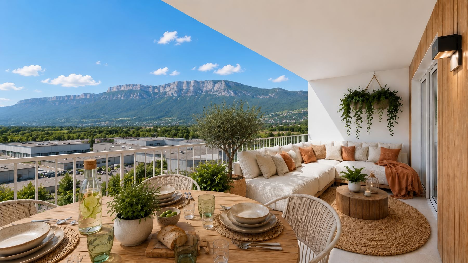 Terrasse du T4 face aux falaises de la Chartreuse, table dressée et salon extérieur
