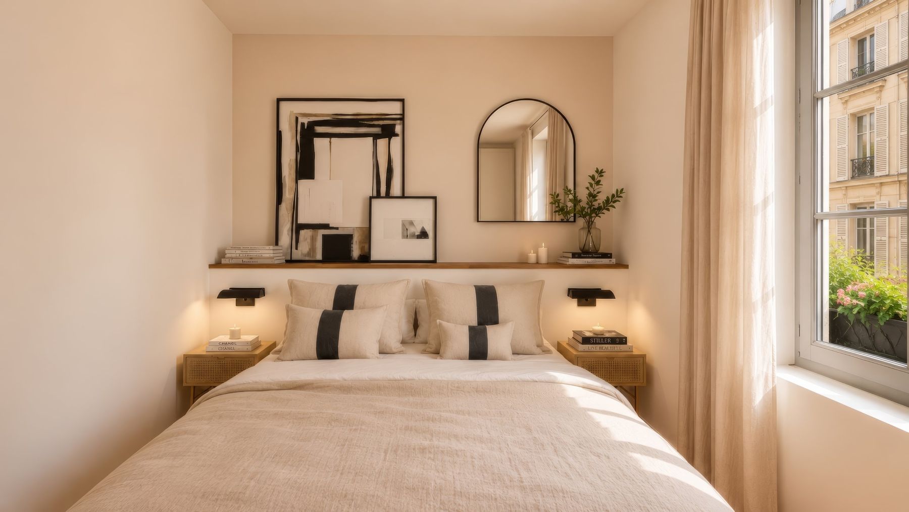 Chambre de face, étagère et miroir arche