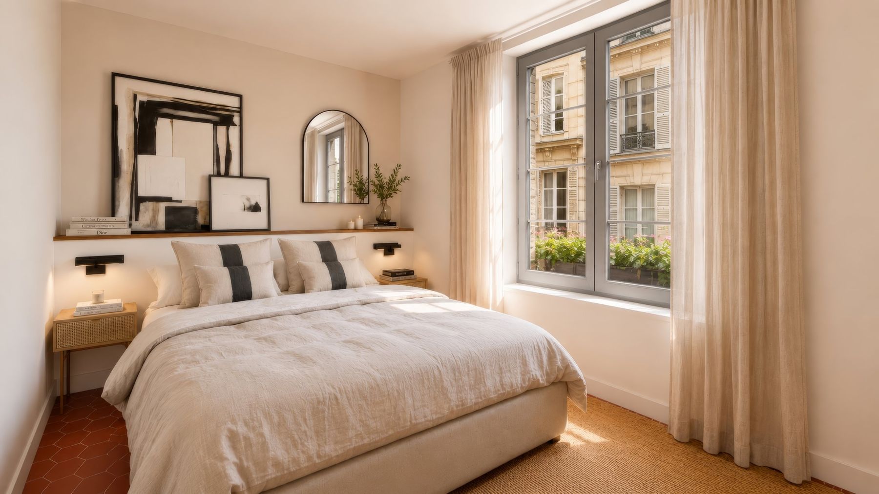 Chambre en 3D, lin et tomettes