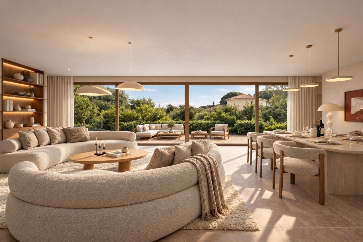 Séjour lumineux avec canapés courbes en bouclette, cuisine ouverte et grande baie ouverte sur la terrasse et le jardin méditerranéen