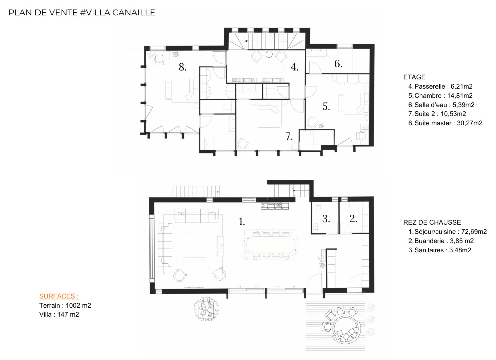 Plan de vente de la Villa Canaille, rez-de-chaussée et étage