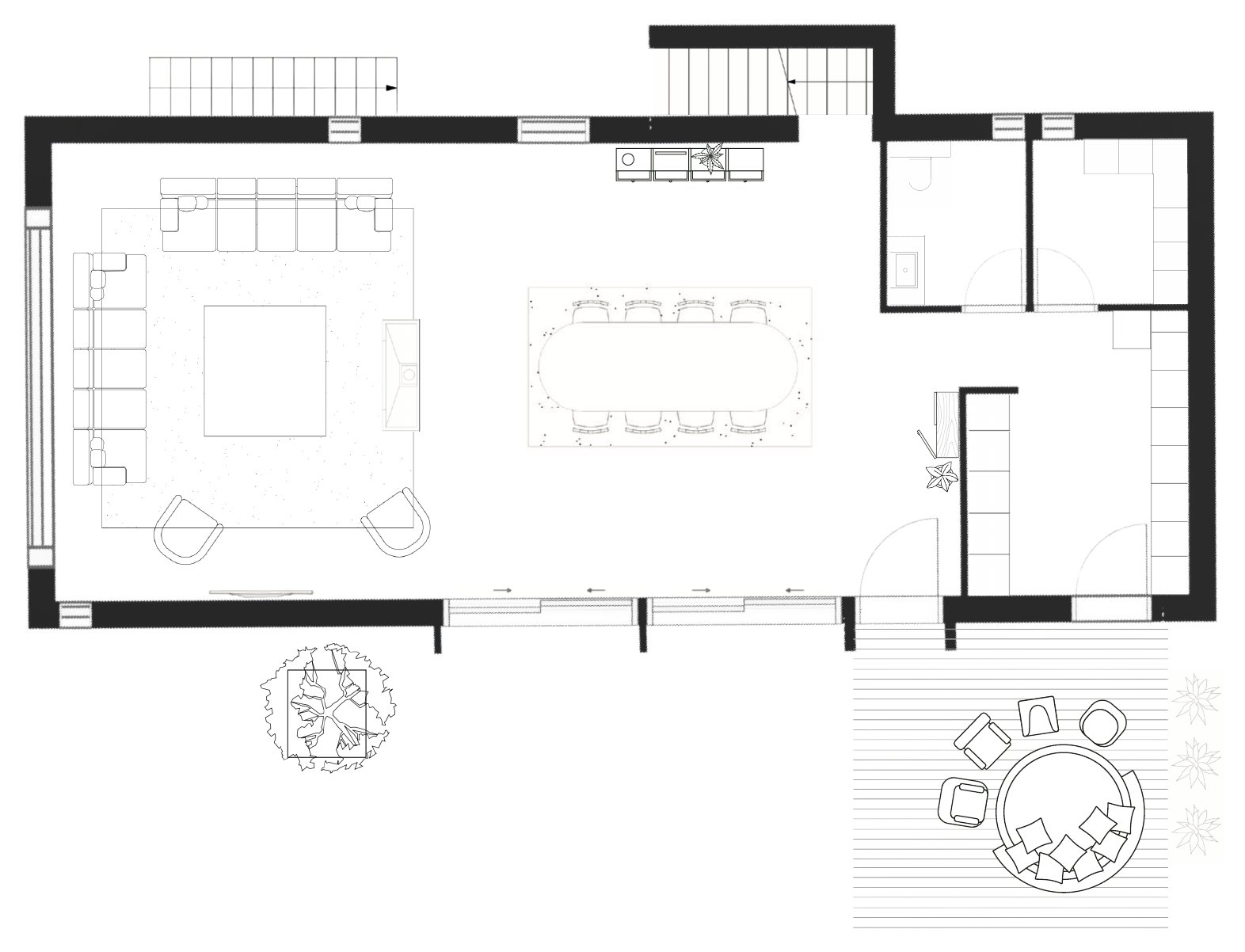 Plan stylisé du rez-de-chaussée de la Villa Canaille : séjour, cuisine et terrasse
