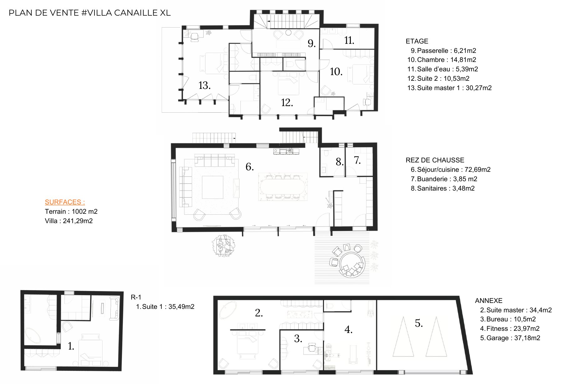 Plan de vente de la Villa Canaille XL avec annexe et R-1