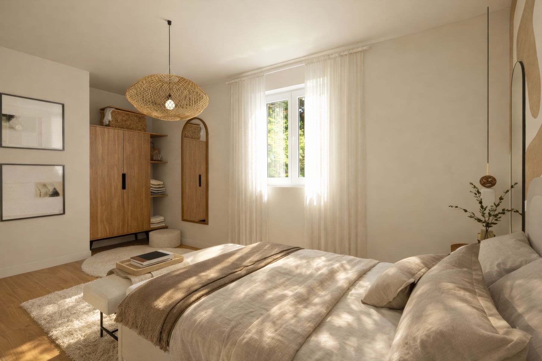 Chambre parentale, armoire chêne et suspension rotin