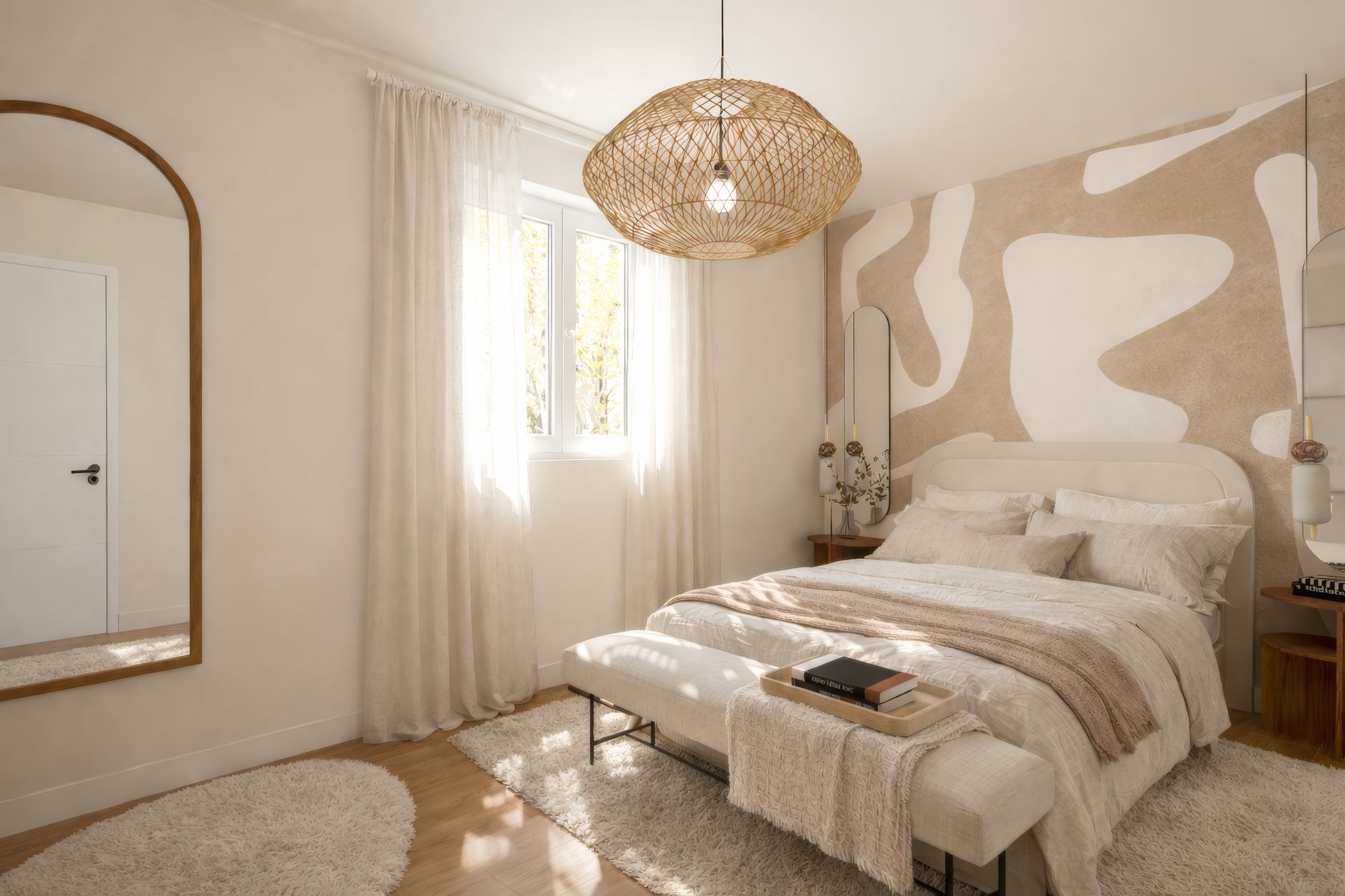 Chambre parentale, tête de lit et papier peint organique