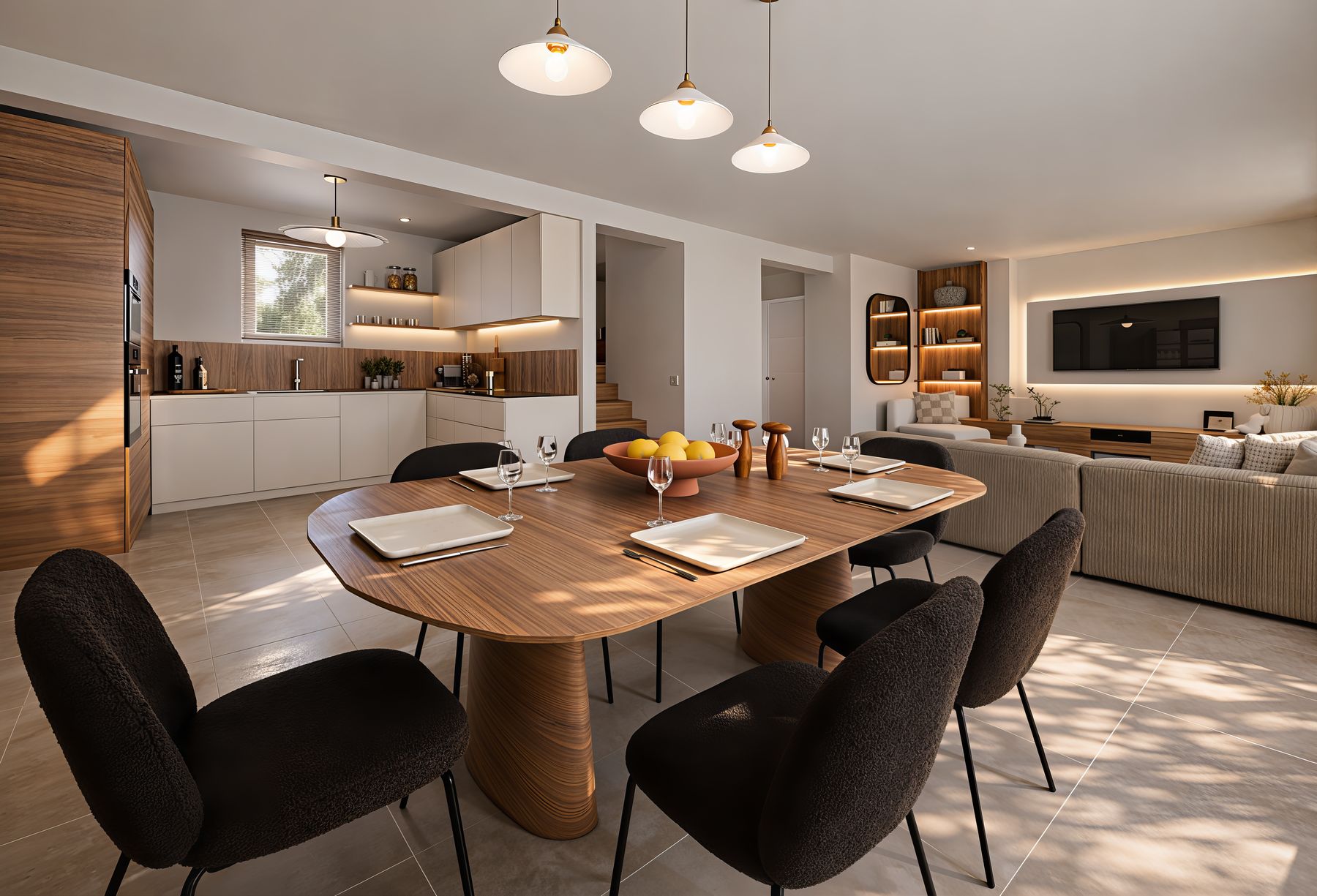 Table en bois, chaises noires et cuisine ouverte