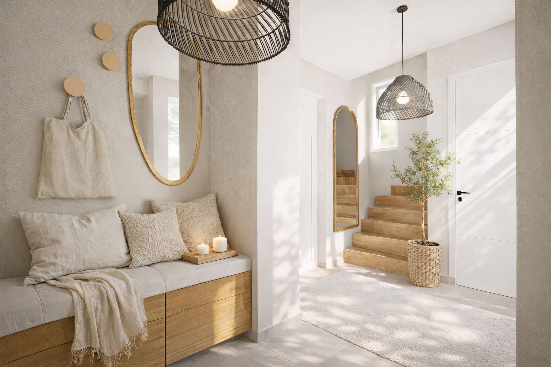 Entrée avec banquette, miroir et escalier bois