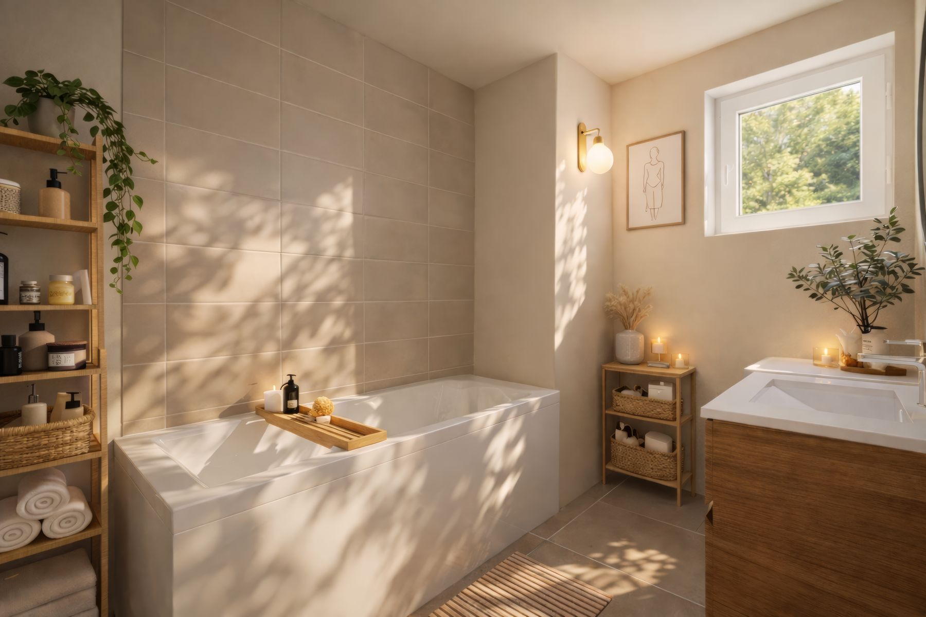 Salle de bains, baignoire et vasque bois