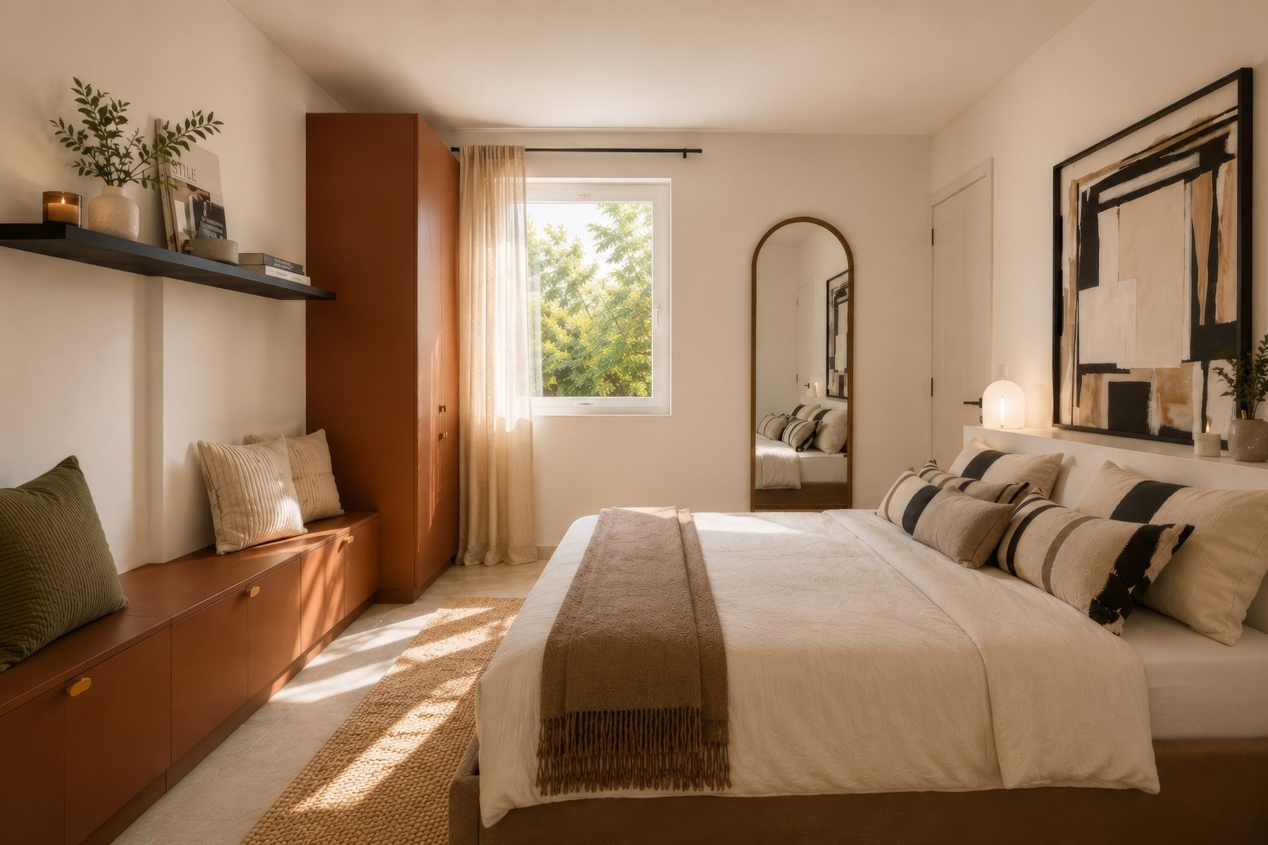 Chambre, banquette et armoire terracotta