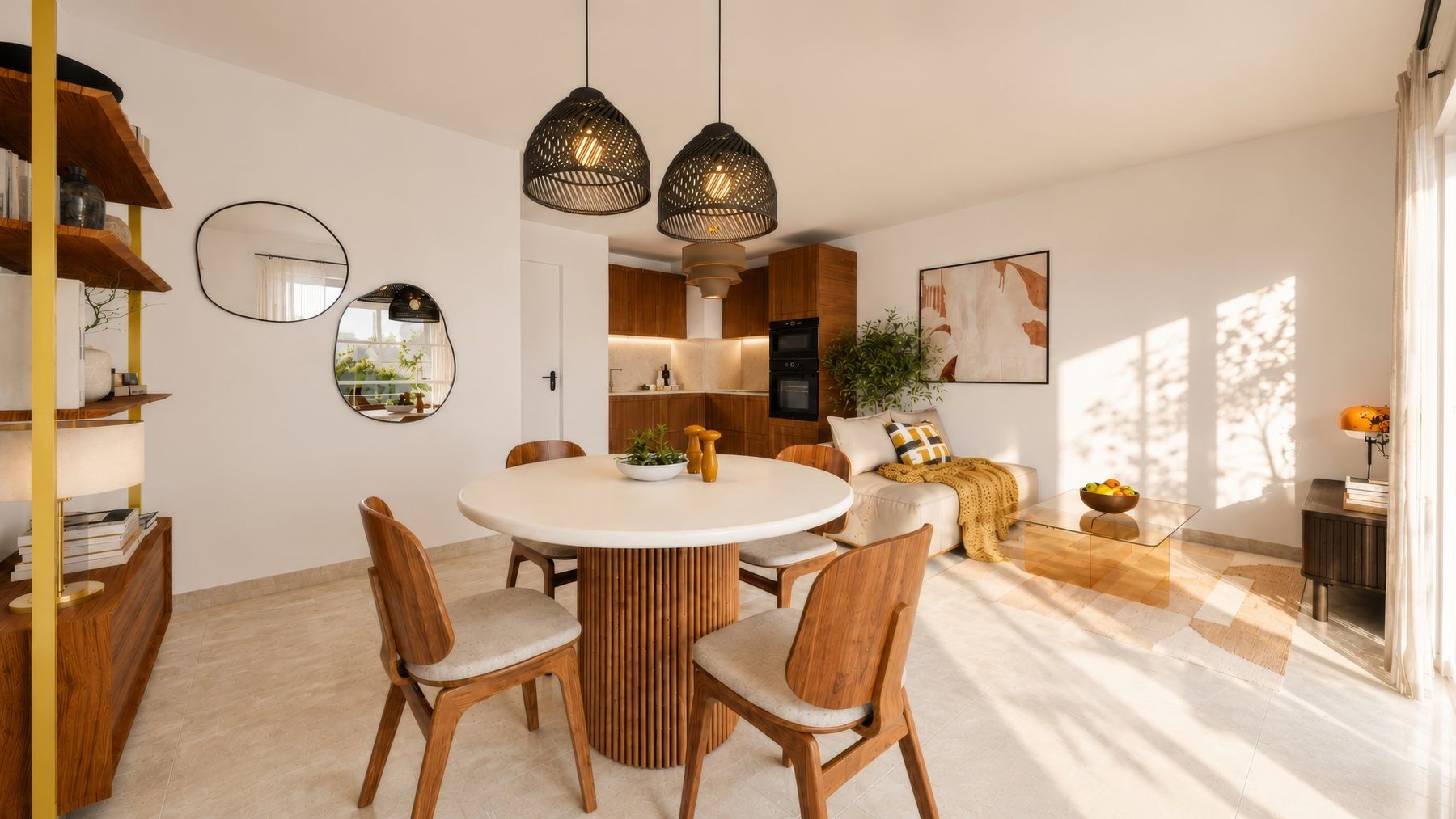 Table ronde, suspensions en rotin et cuisine en noyer