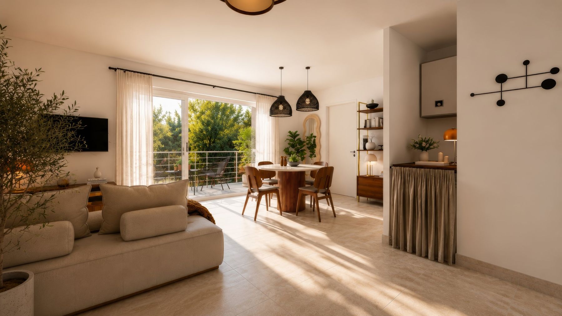 Séjour ouvert sur le balcon, canapé lin et table ronde cannelée