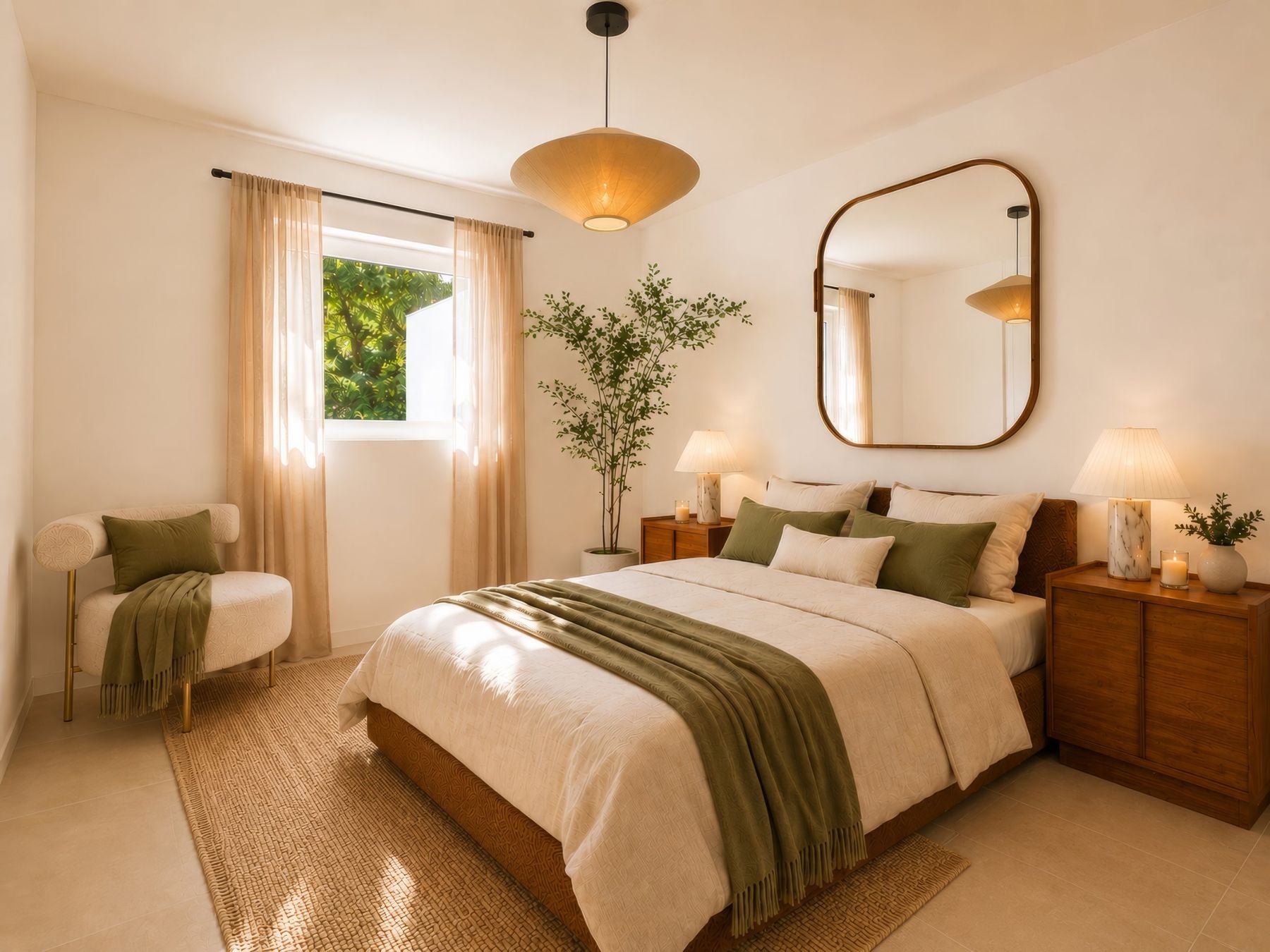 Chambre parentale vert olive et noyer