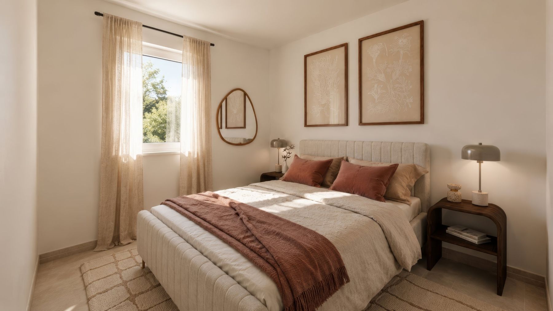 Deuxième chambre, tête de lit capitonnée et tons terracotta