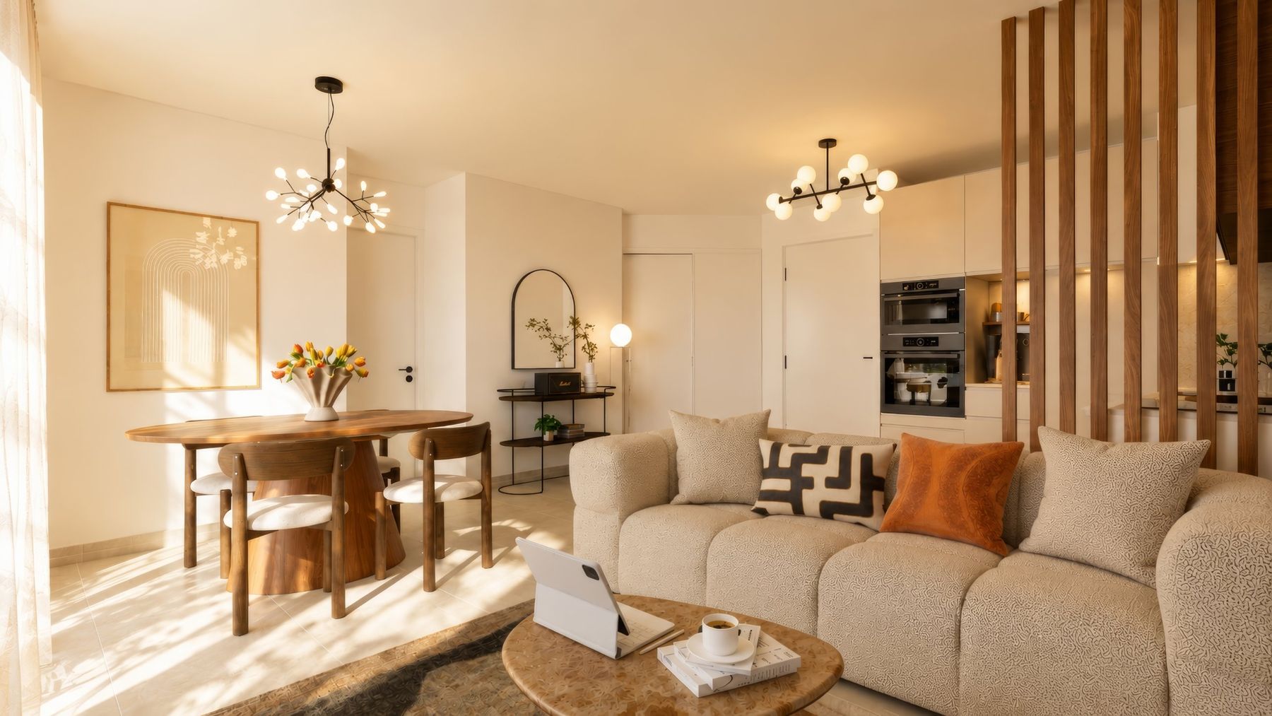 Salon, claustra et table repas