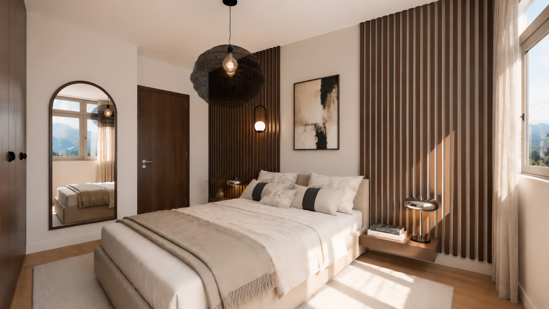 Chambre parentale, tasseaux noyer et miroir arche