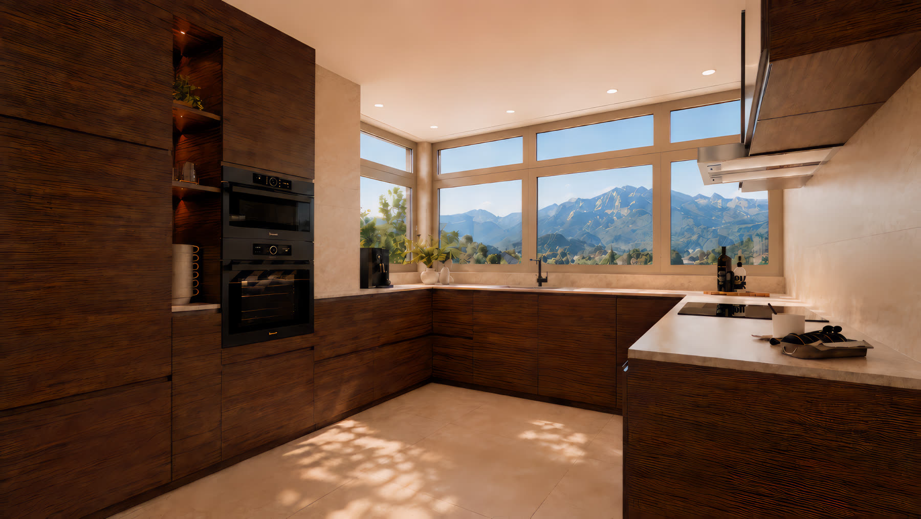 Cuisine en U en noyer, vue montagne