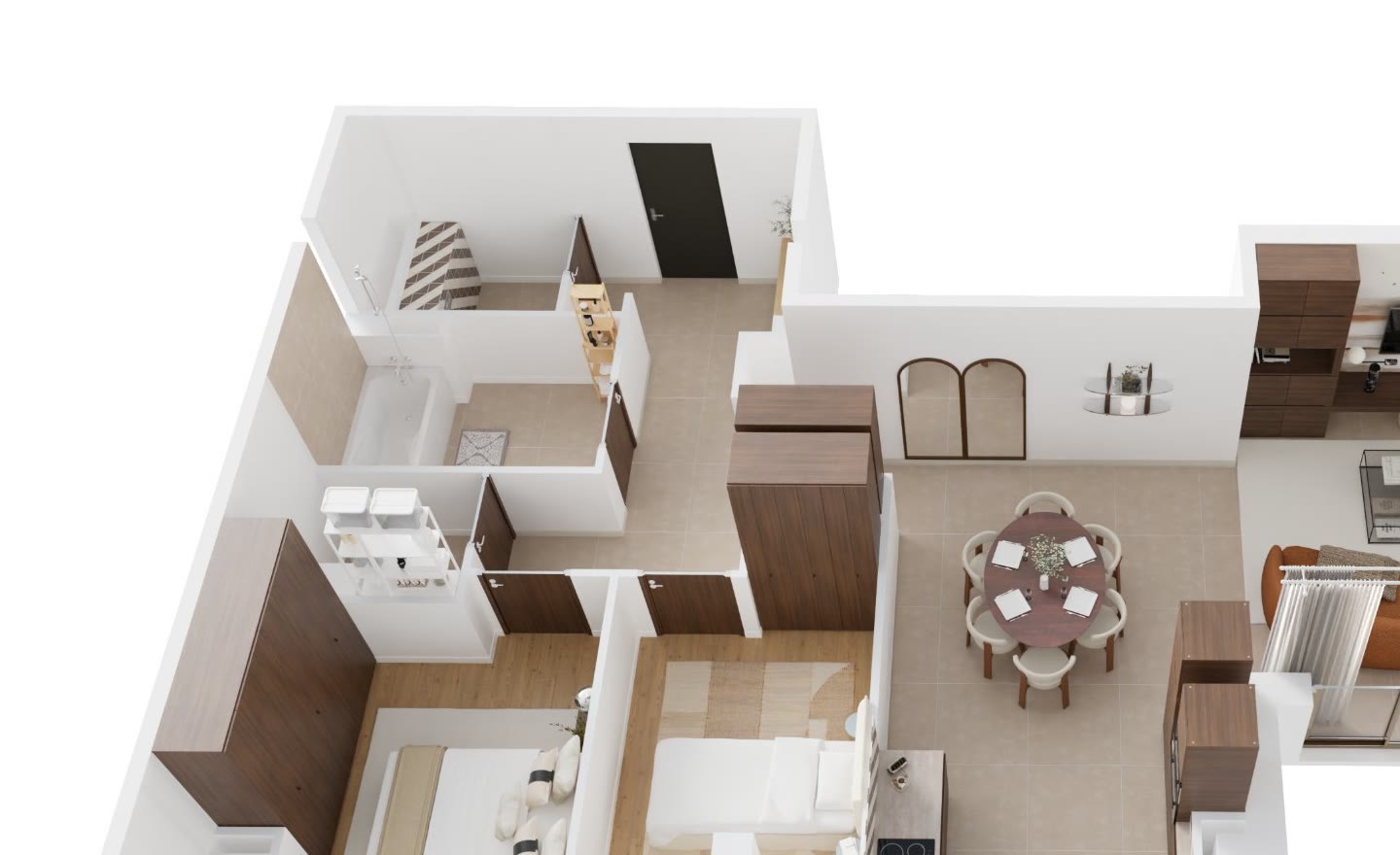 Plan 3D du T3 meublé : séjour en L, cuisine en U, deux chambres, salle de bain