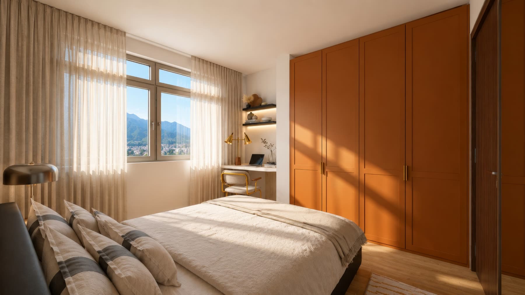 Chambre avec grande armoire terracotta et vue montagne