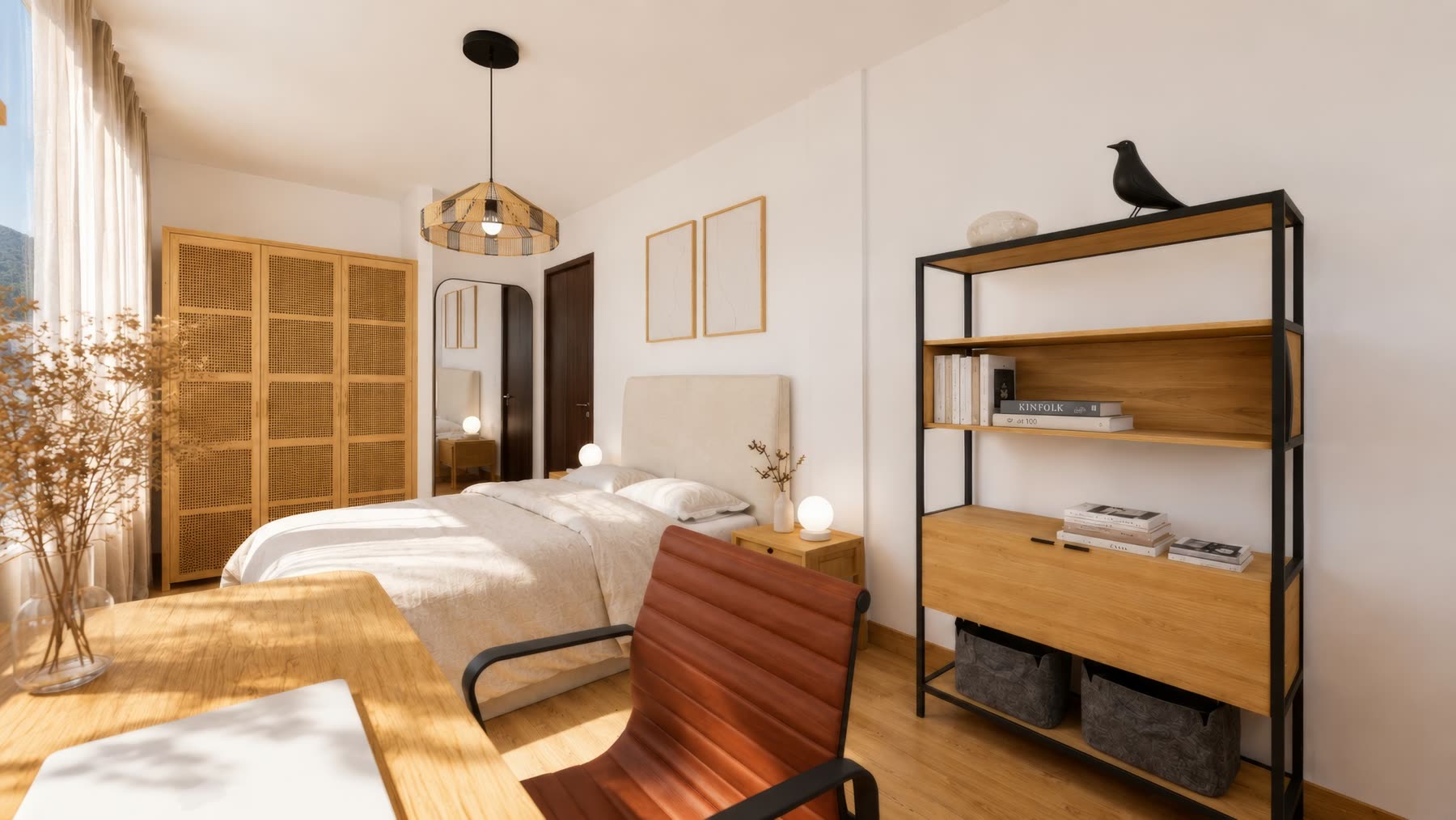 Chambre en bois blond, armoire cannée et bibliothèque
