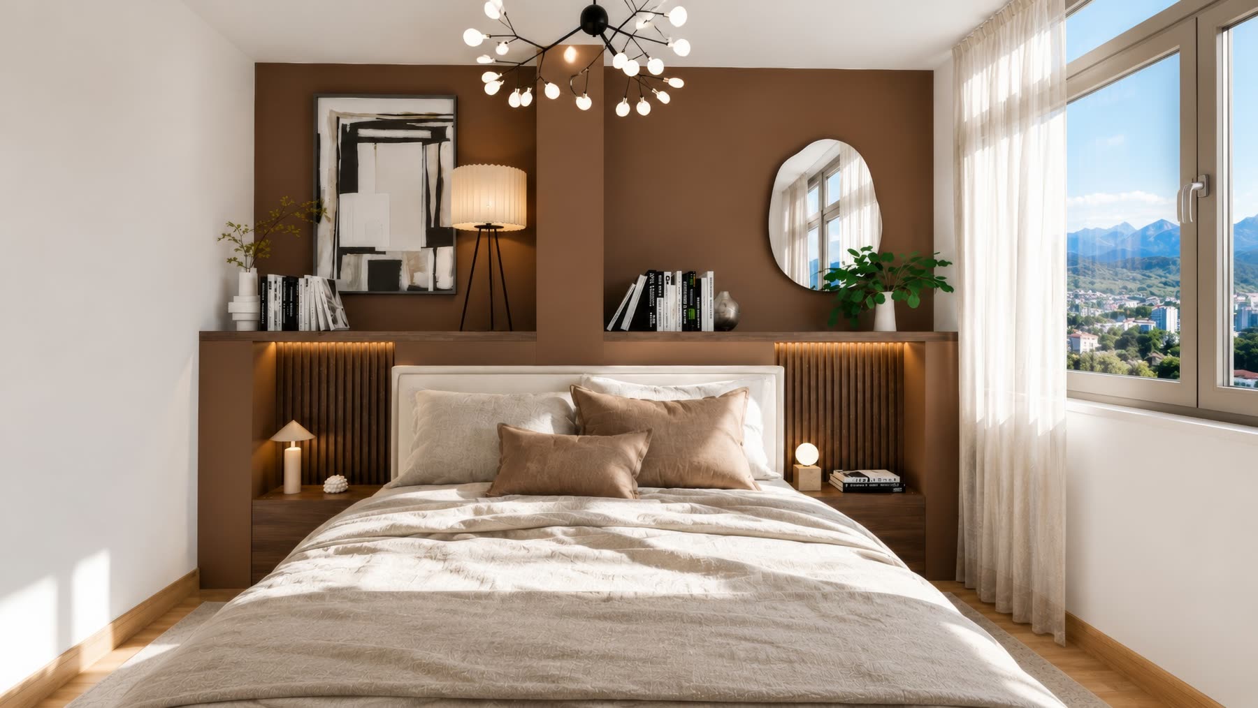Chambre au mur chocolat, tasseaux rétroéclairés