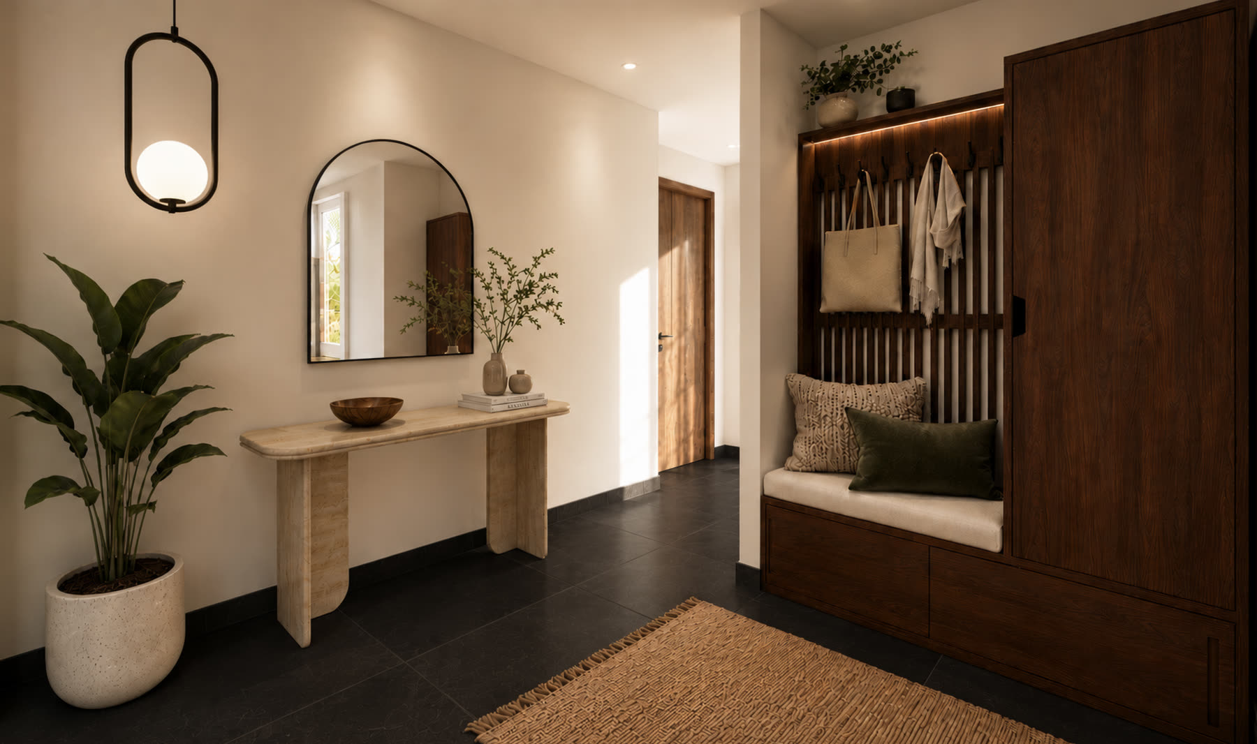 Entrée, banc en noyer et console